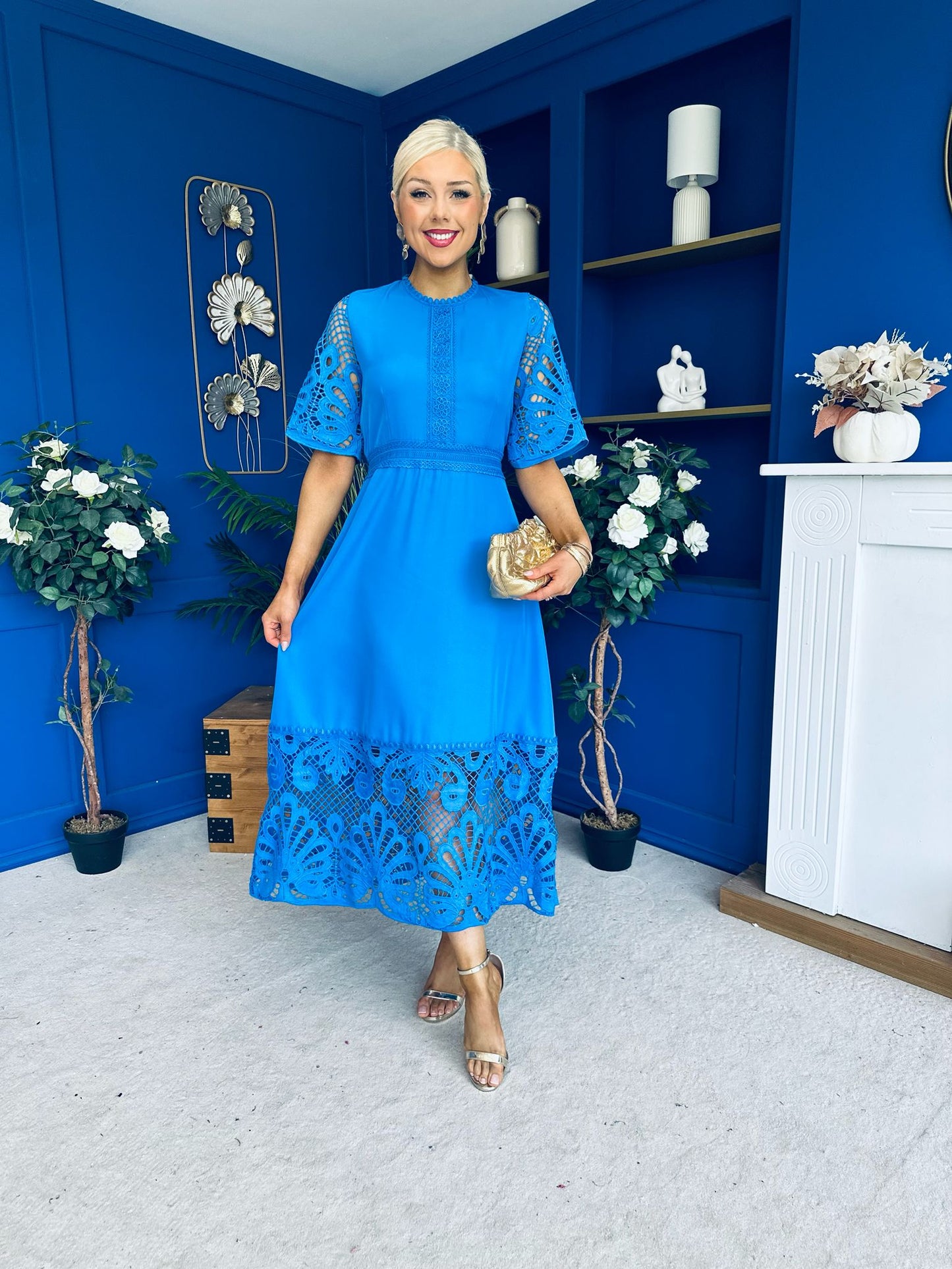 Oran Crochet Detail Occasion Dress Cobalt