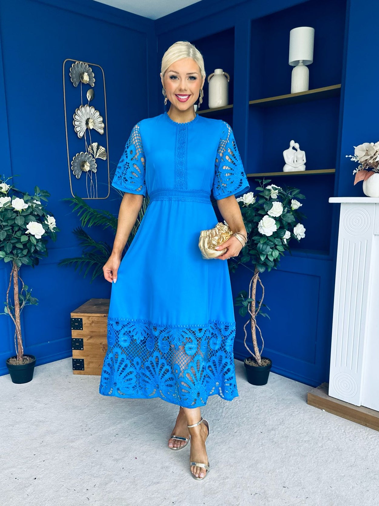 Oran Crochet Detail Occasion Dress Cobalt