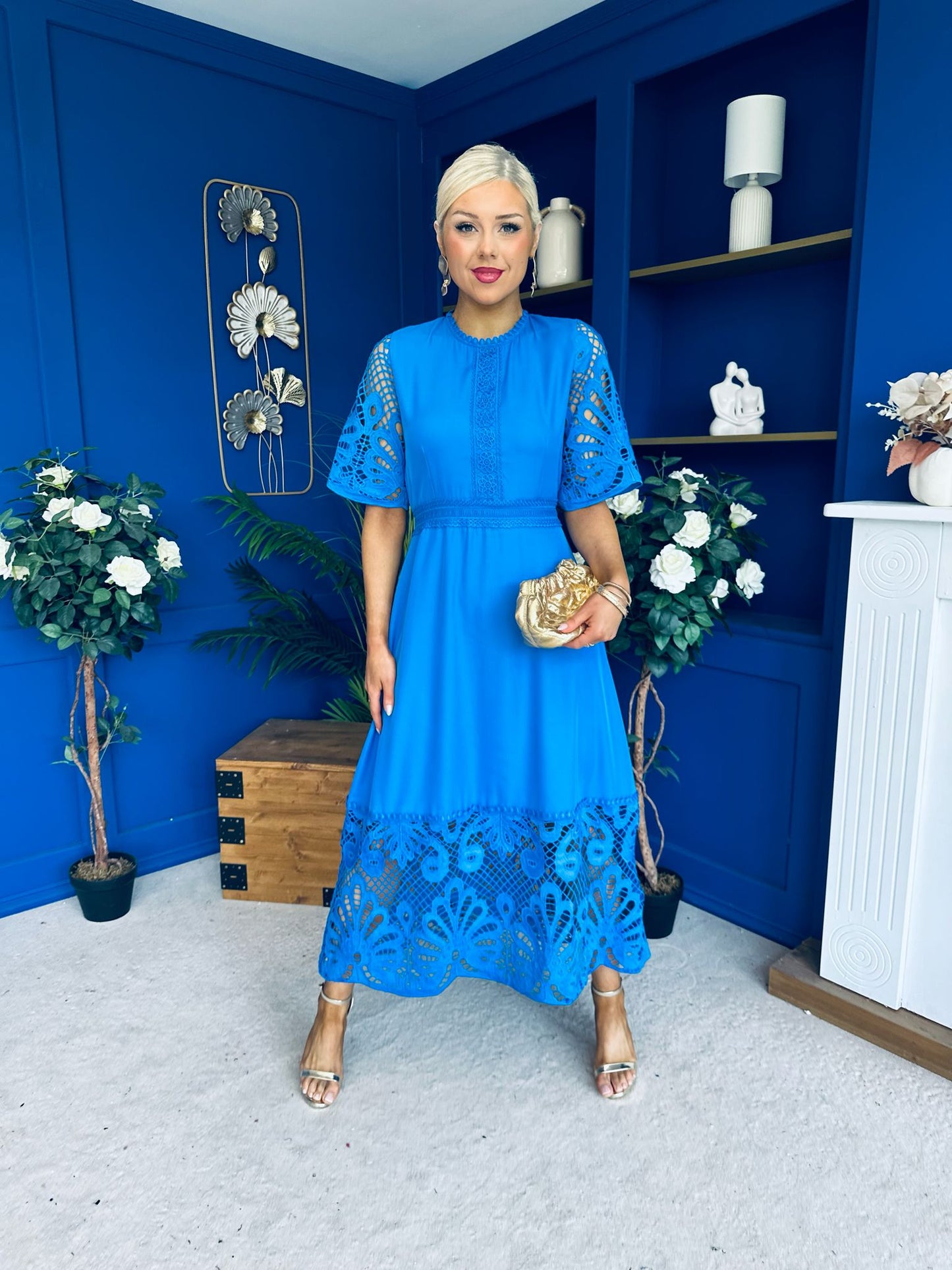 Oran Crochet Detail Occasion Dress Cobalt