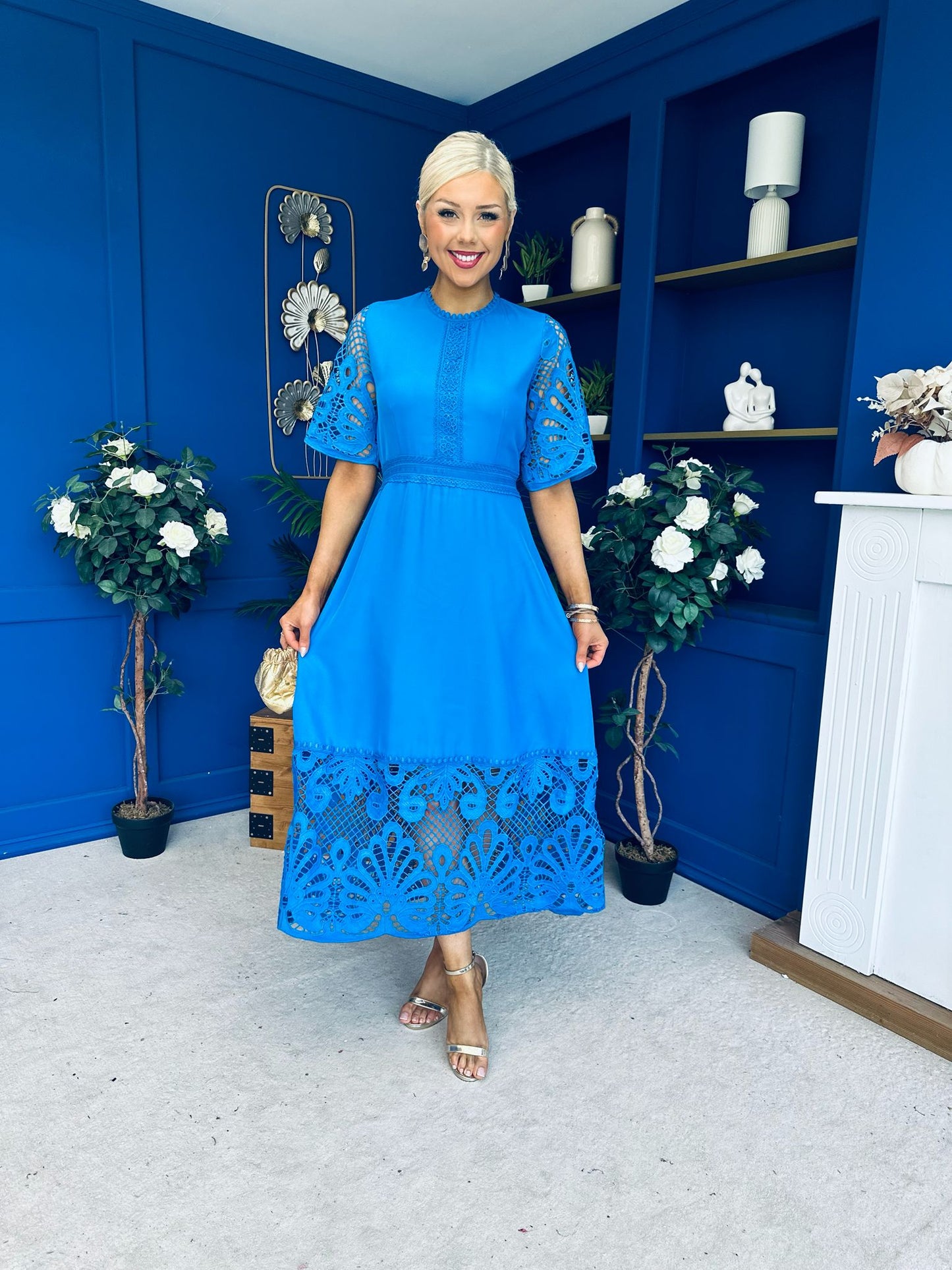 Oran Crochet Detail Occasion Dress Cobalt