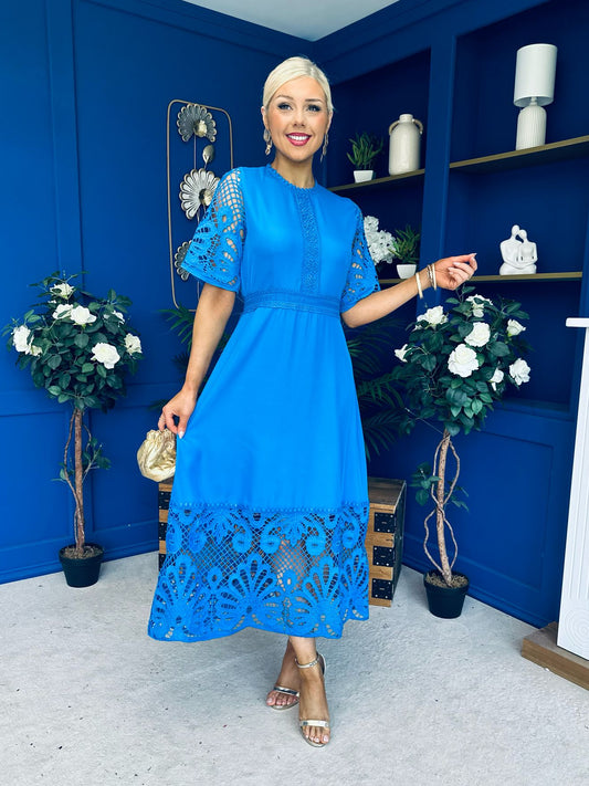 Oran Crochet Detail Occasion Dress Cobalt