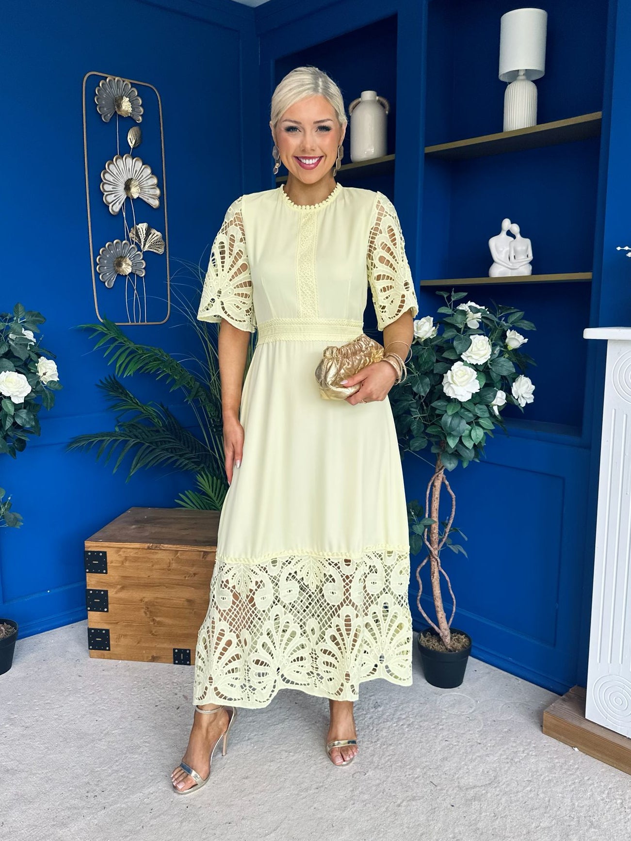 Oran Crochet Detail Occasion Dress Yellow
