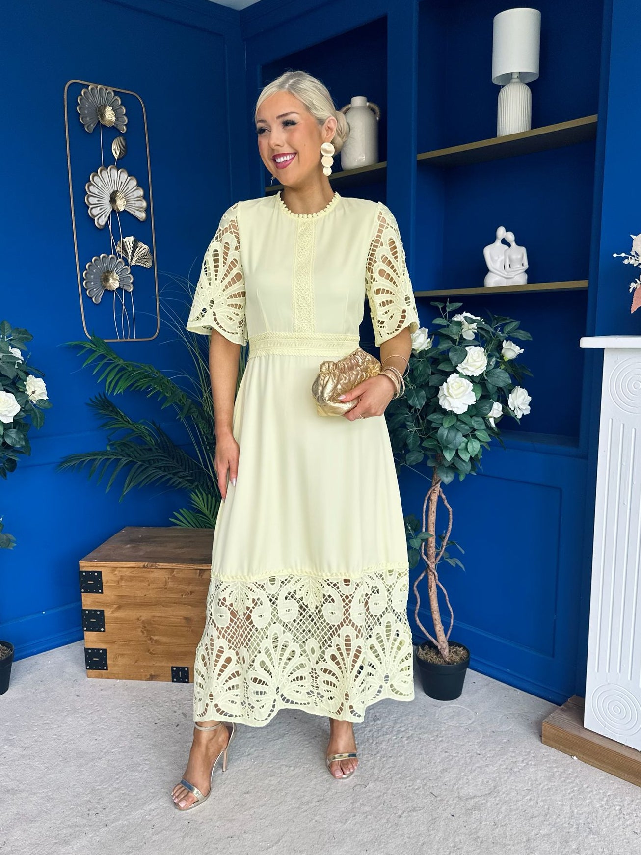Oran Crochet Detail Occasion Dress Yellow