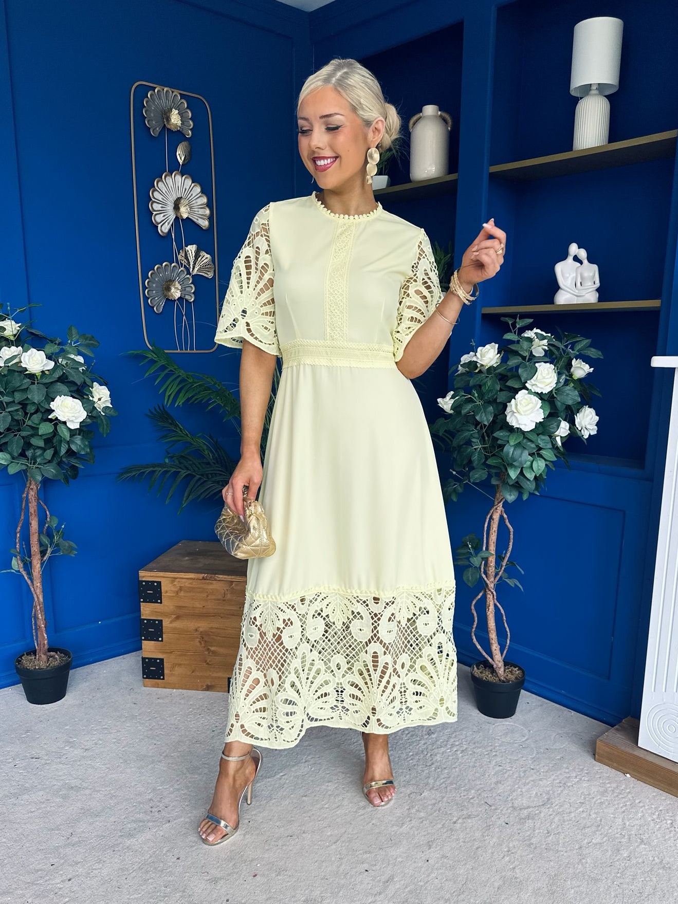 Oran Crochet Detail Occasion Dress Yellow