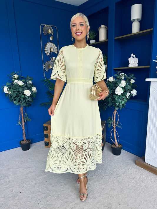 Oran Crochet Detail Occasion Dress Yellow