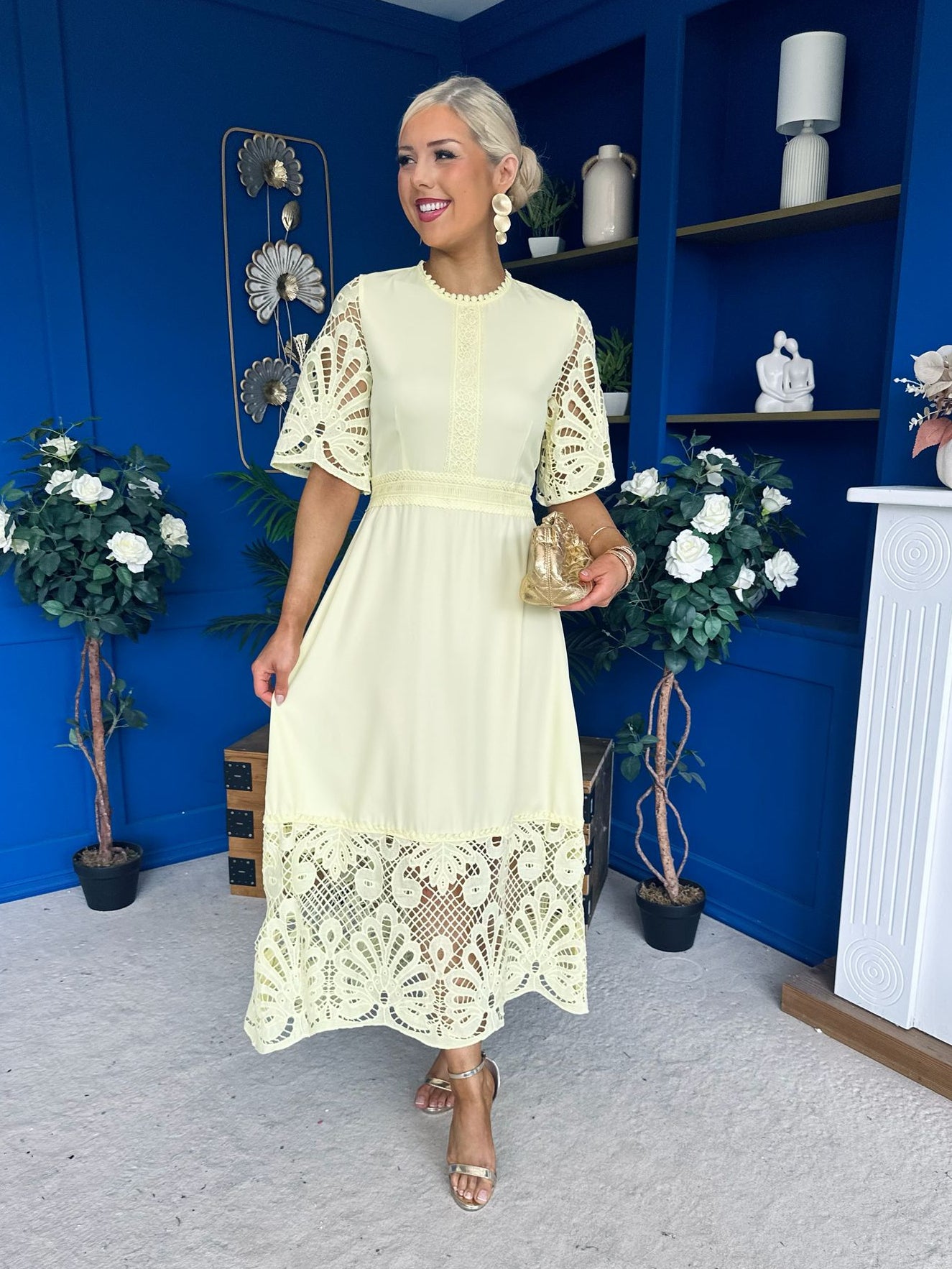 Oran Crochet Detail Occasion Dress Yellow