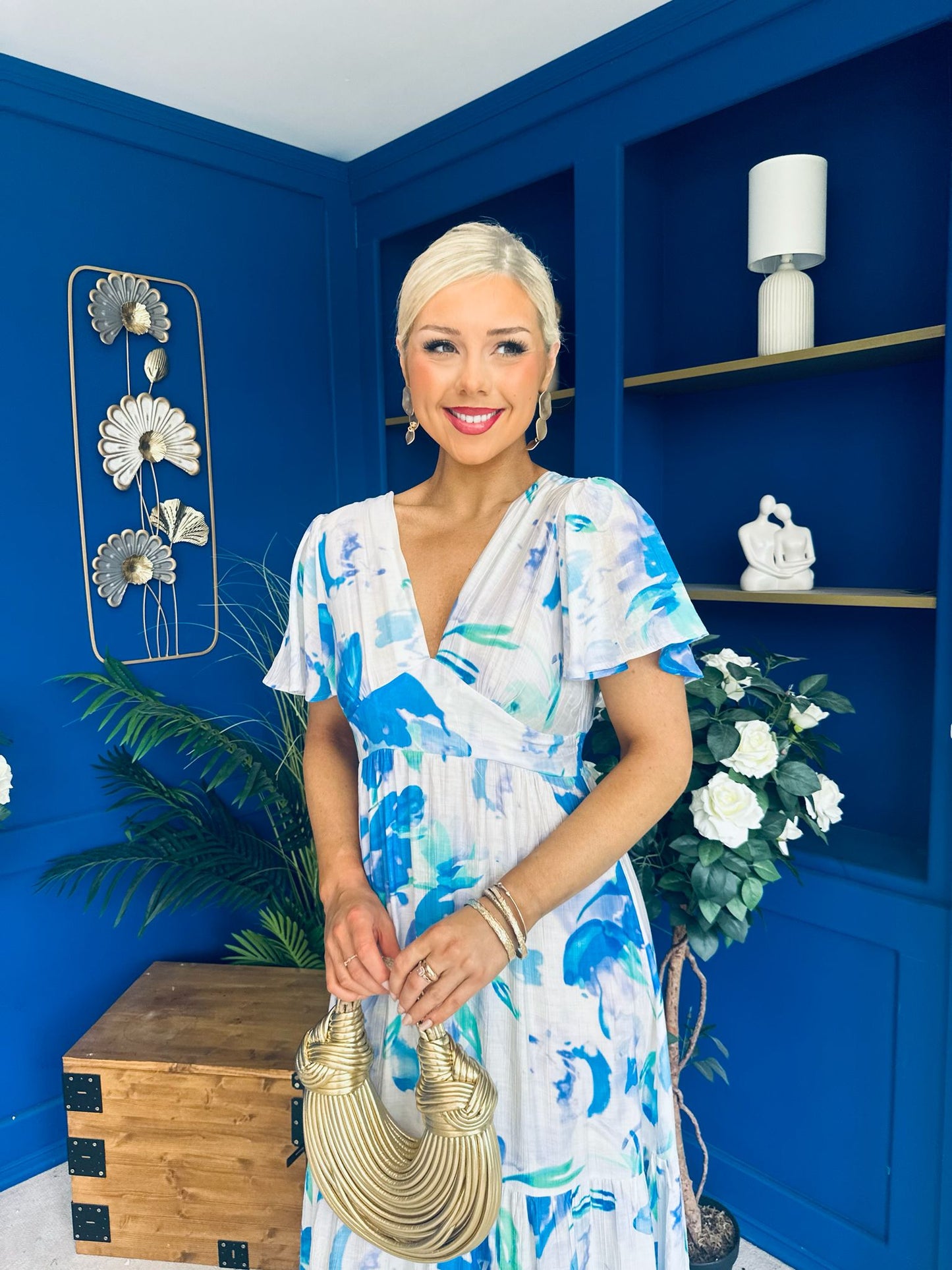 Fern Banded Midi Dress Floral Blue