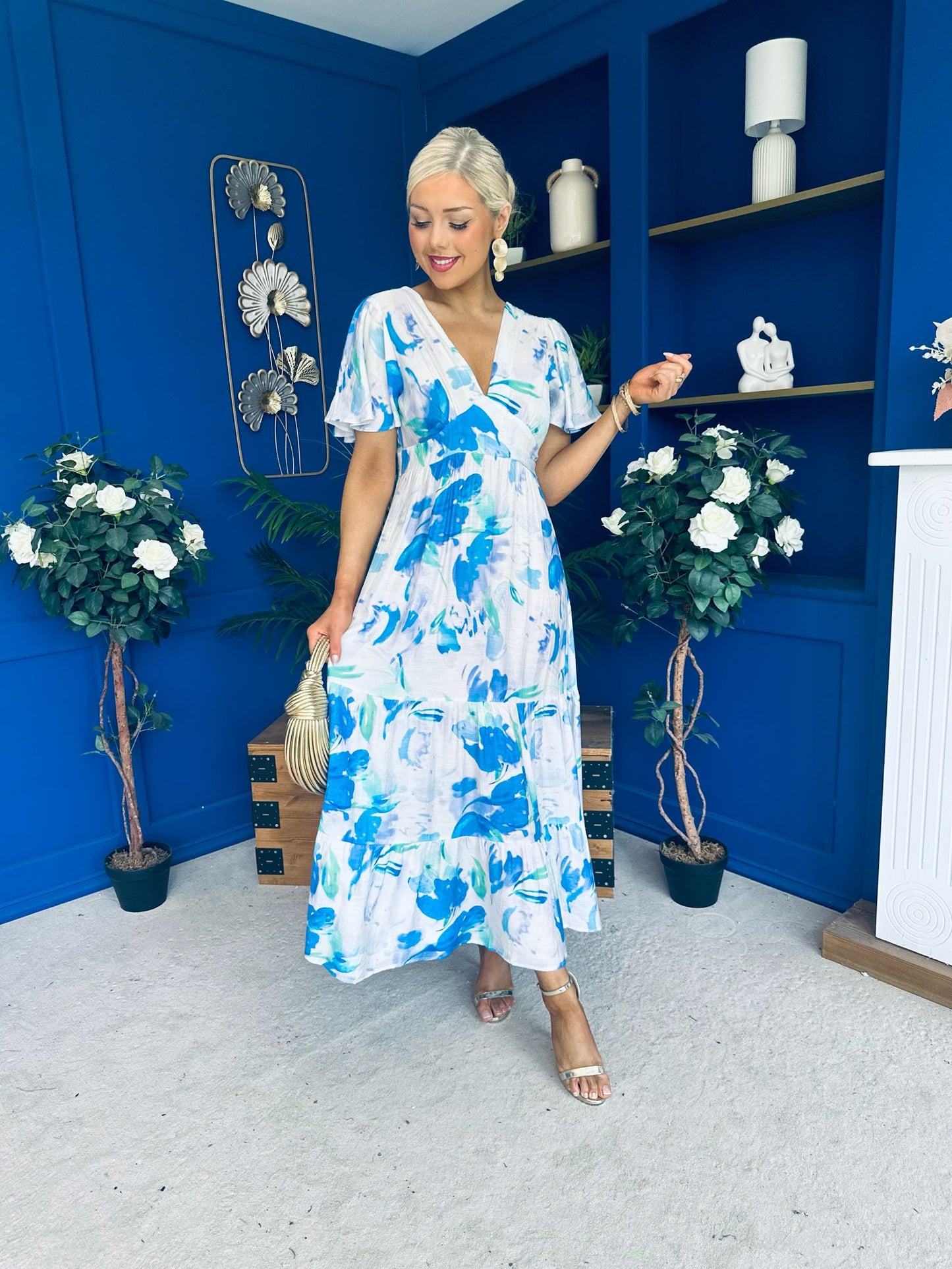 Fern Banded Midi Dress Floral Blue