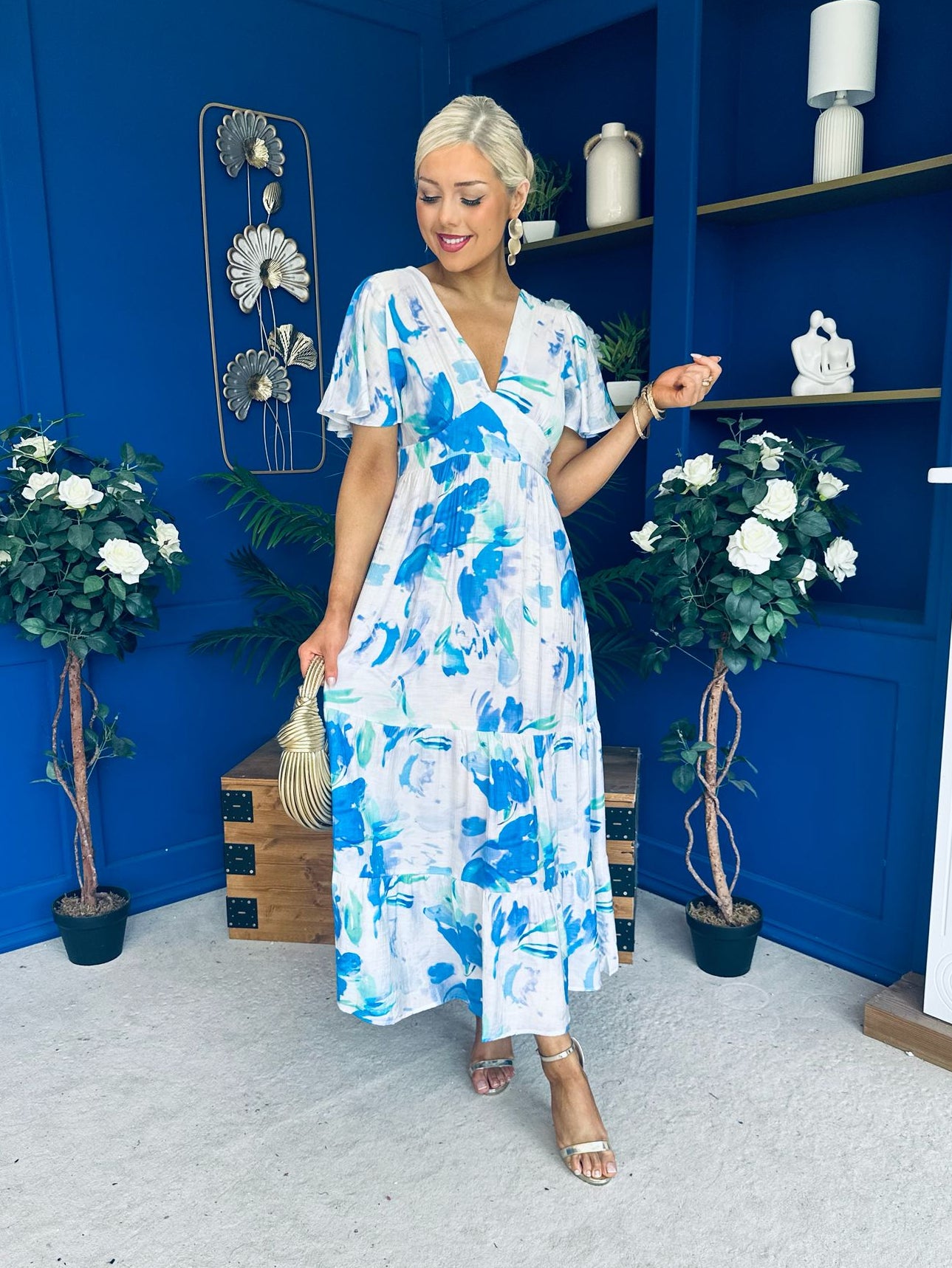Fern Banded Midi Dress Floral Blue