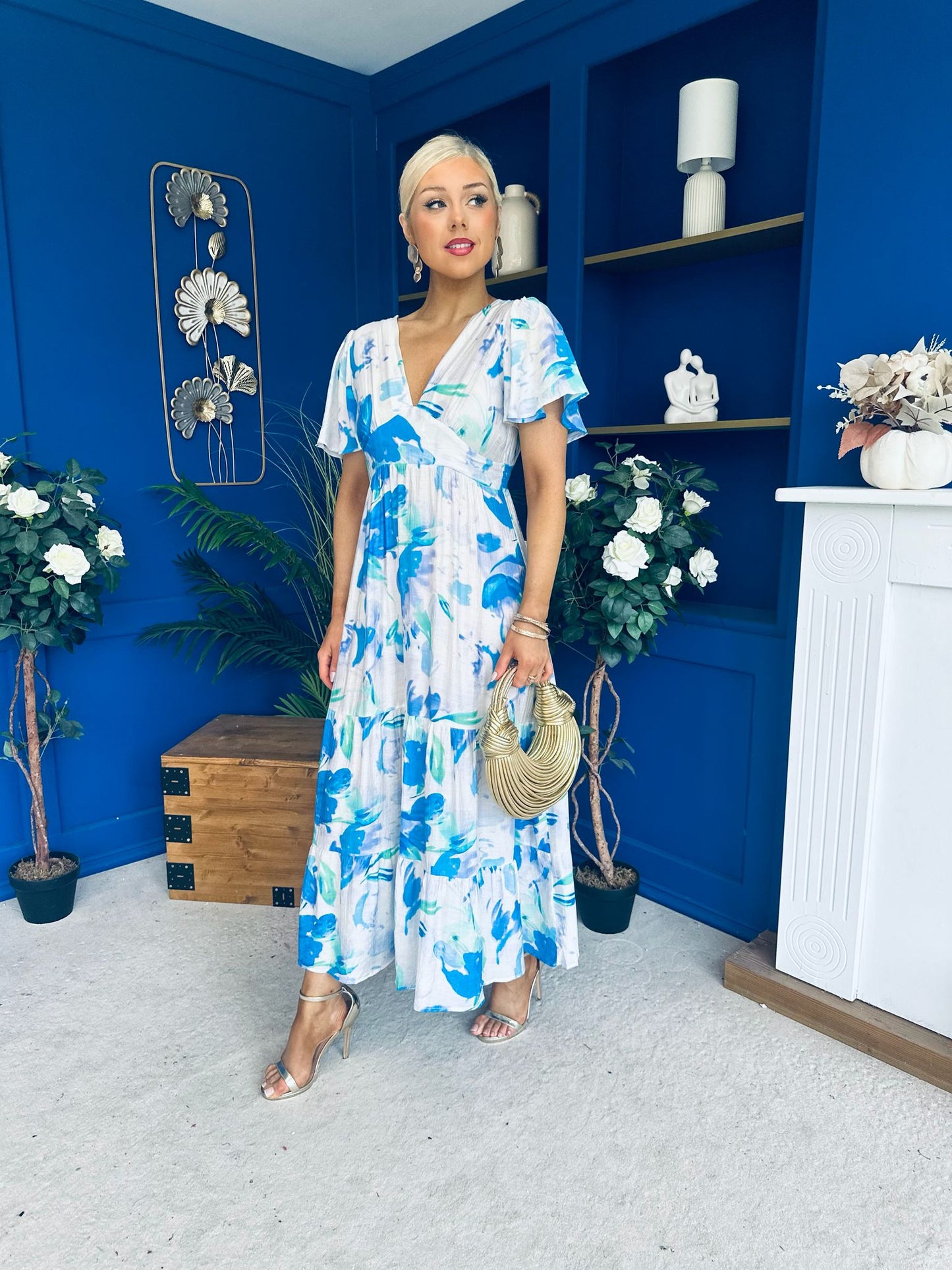 Fern Banded Midi Dress Floral Blue