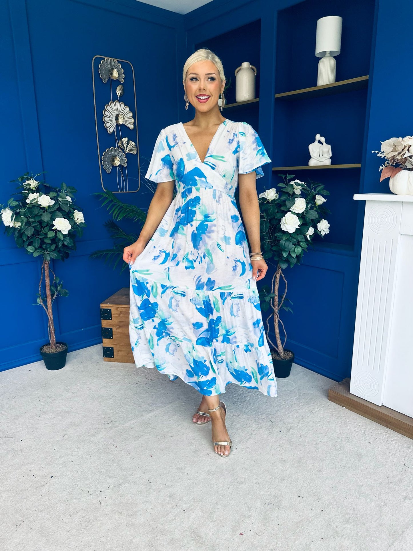 Fern Banded Midi Dress Floral Blue