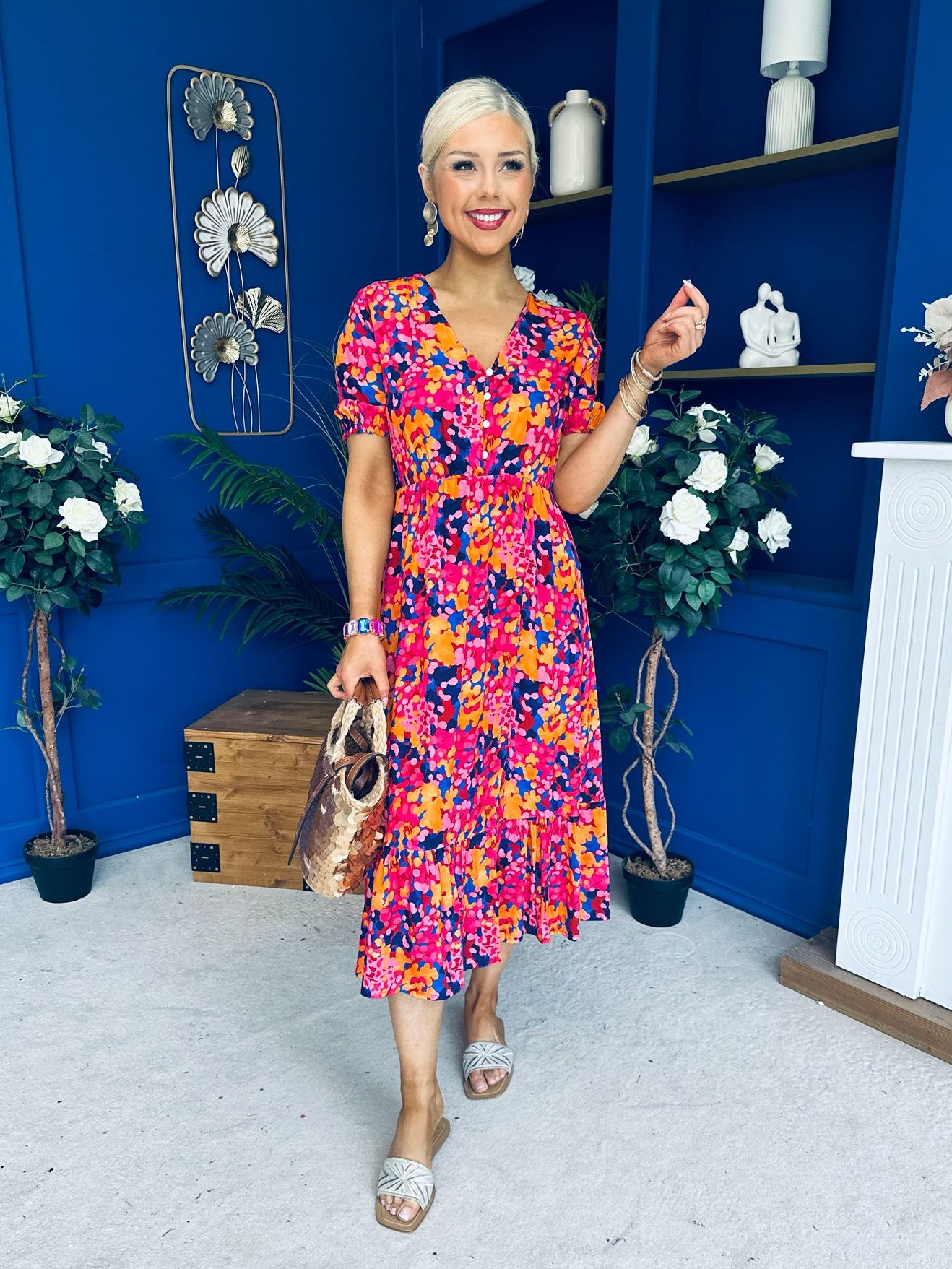 Bonnie Printed Split Leg Midi Dress Multi
