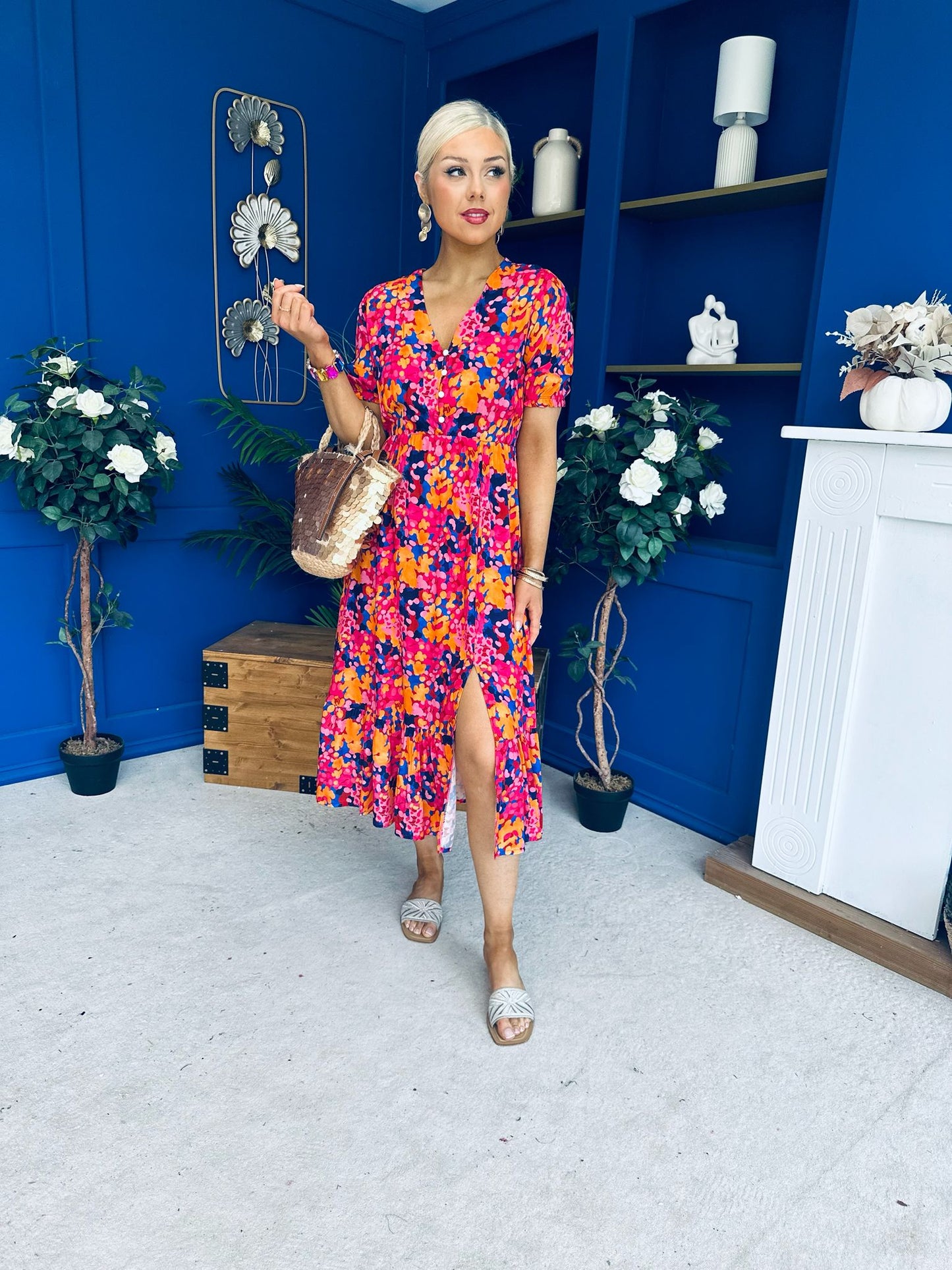 Bonnie Printed Split Leg Midi Dress Multi
