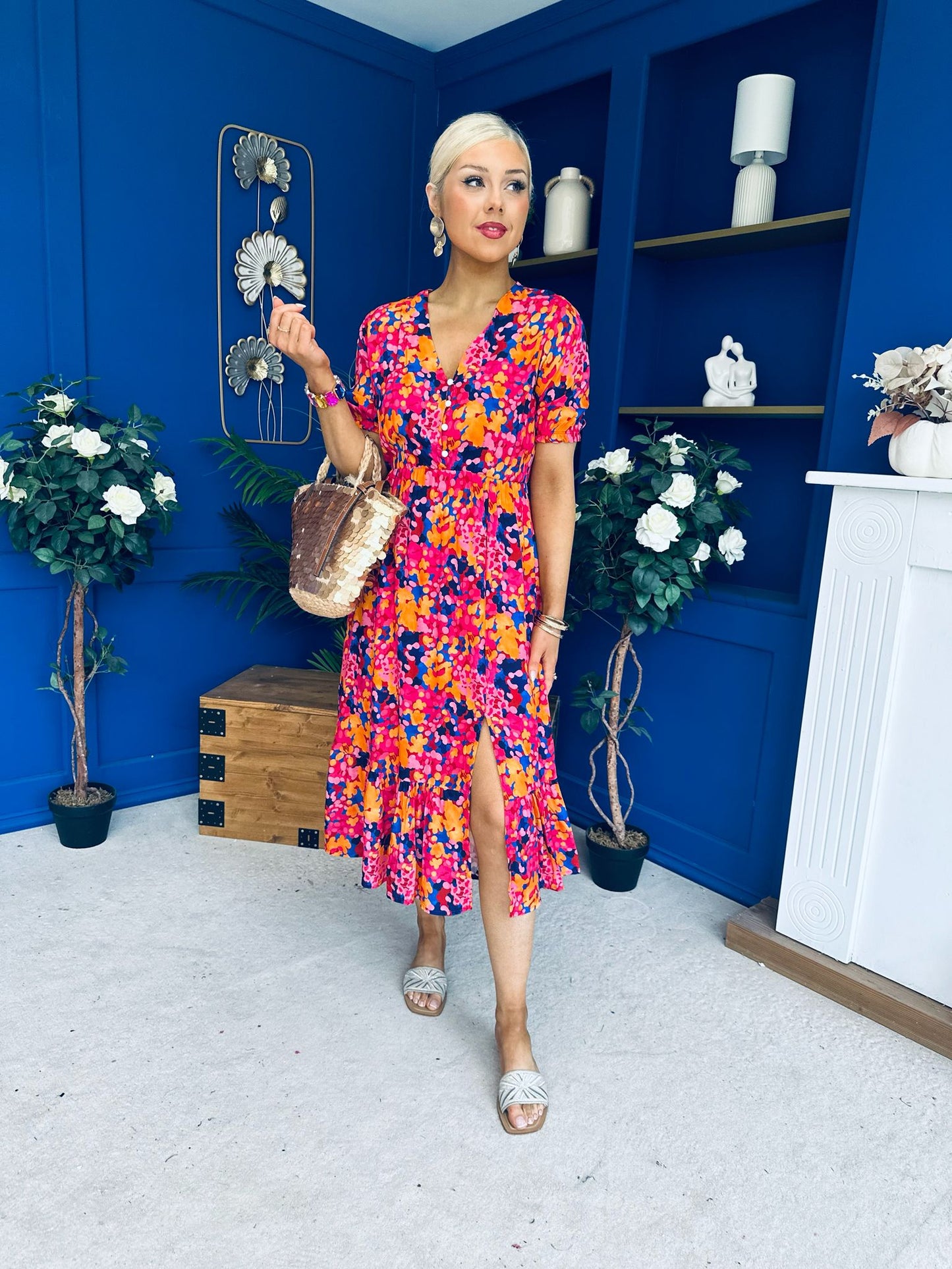 Bonnie Printed Split Leg Midi Dress Multi