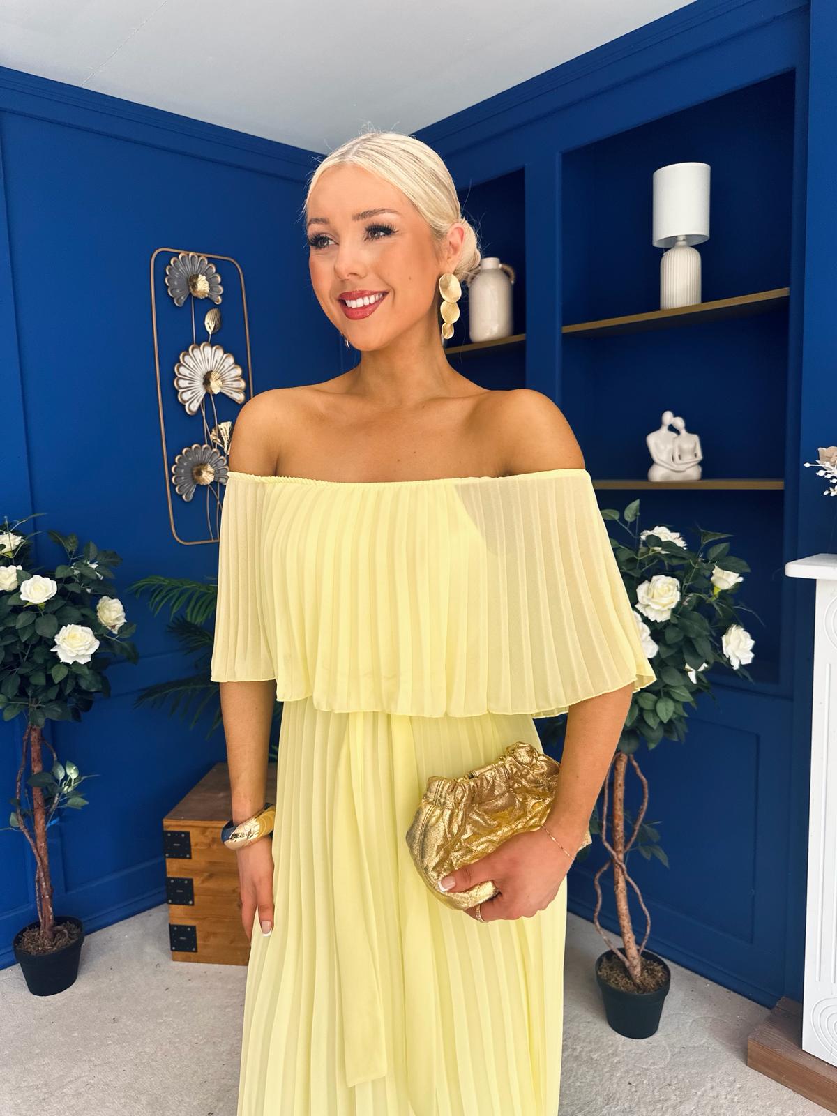 Aileen Pleated Bardot Midi Dress Yellow