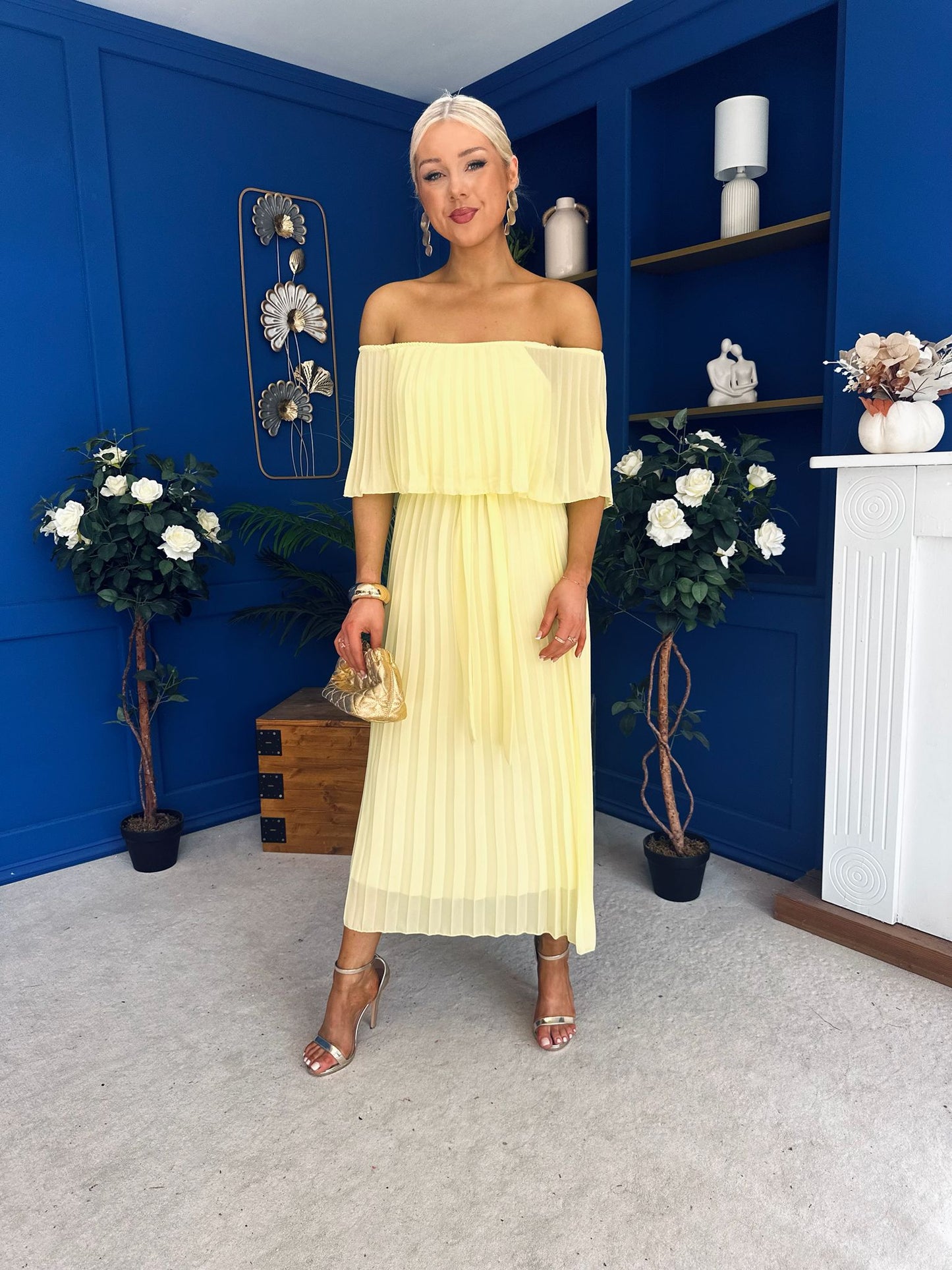 Aileen Pleated Bardot Midi Dress Yellow