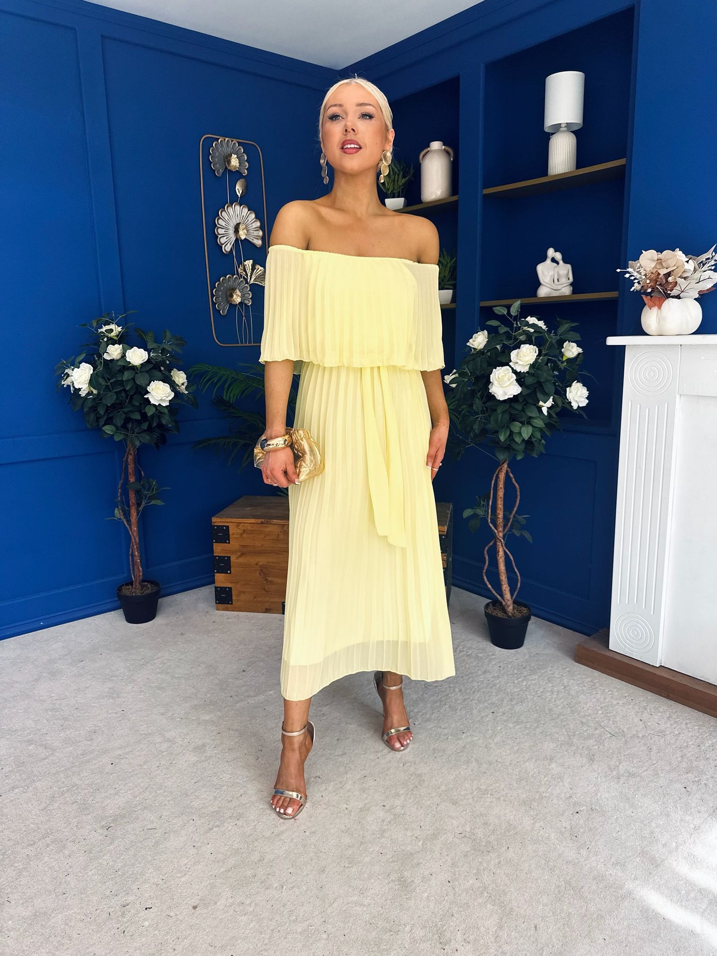 Aileen Pleated Bardot Midi Dress Yellow