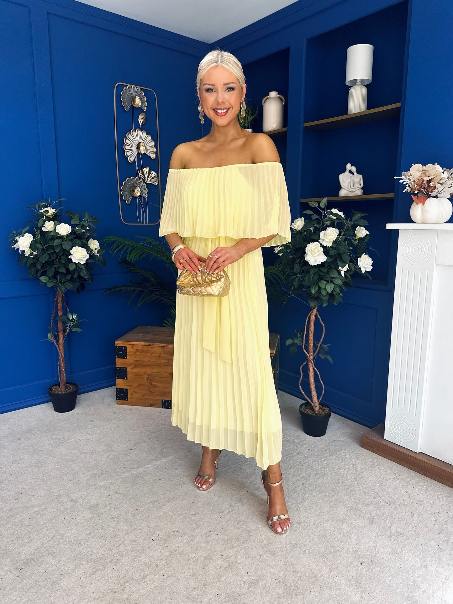 Aileen Pleated Bardot Midi Dress Yellow