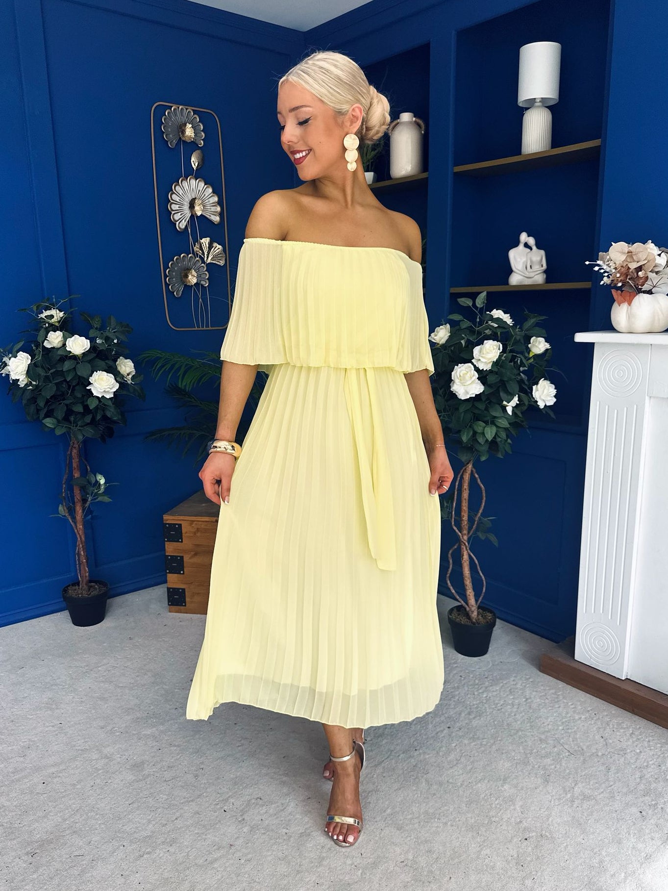 Aileen Pleated Bardot Midi Dress Yellow