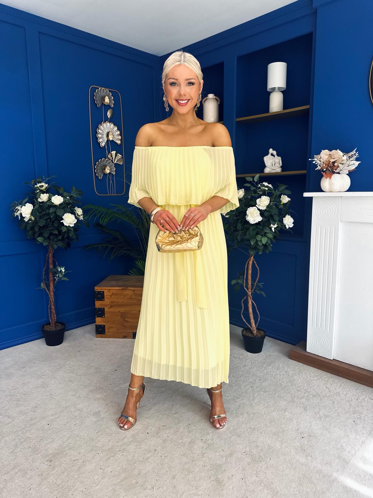Aileen Pleated Bardot Midi Dress Yellow