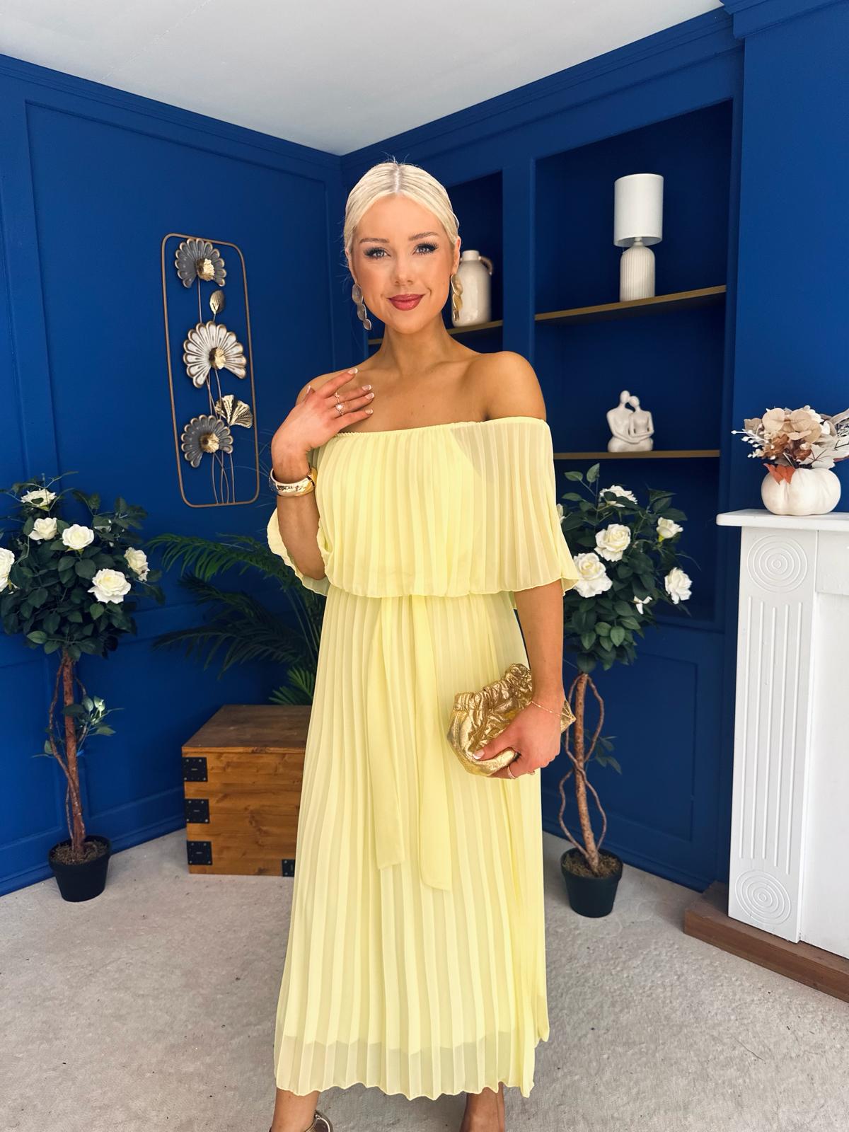 Aileen Pleated Bardot Midi Dress Yellow