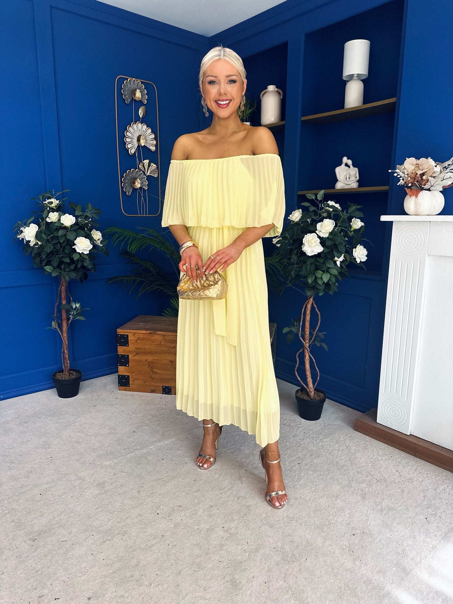 Aileen Pleated Bardot Midi Dress Yellow