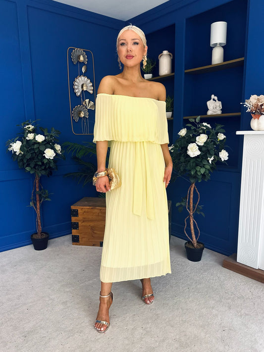 Aileen Pleated Bardot Midi Dress Yellow