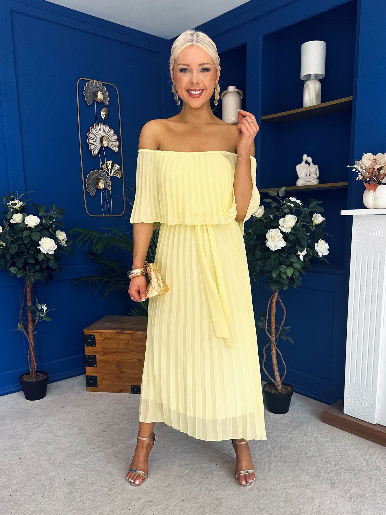 Aileen Pleated Bardot Midi Dress Yellow