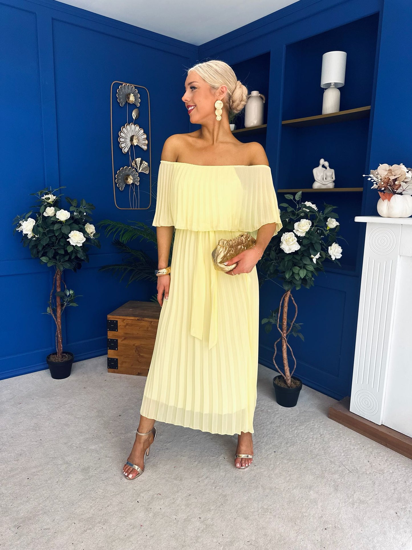 Aileen Pleated Bardot Midi Dress Yellow