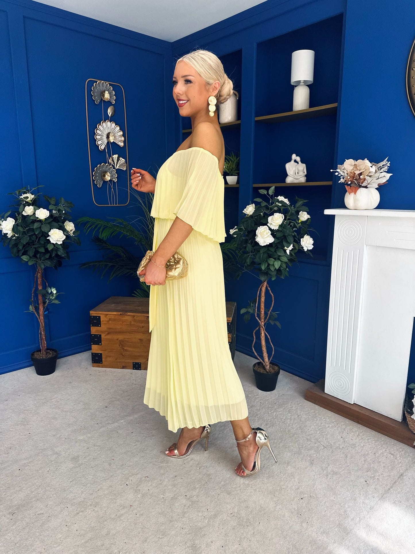 Aileen Pleated Bardot Midi Dress Yellow