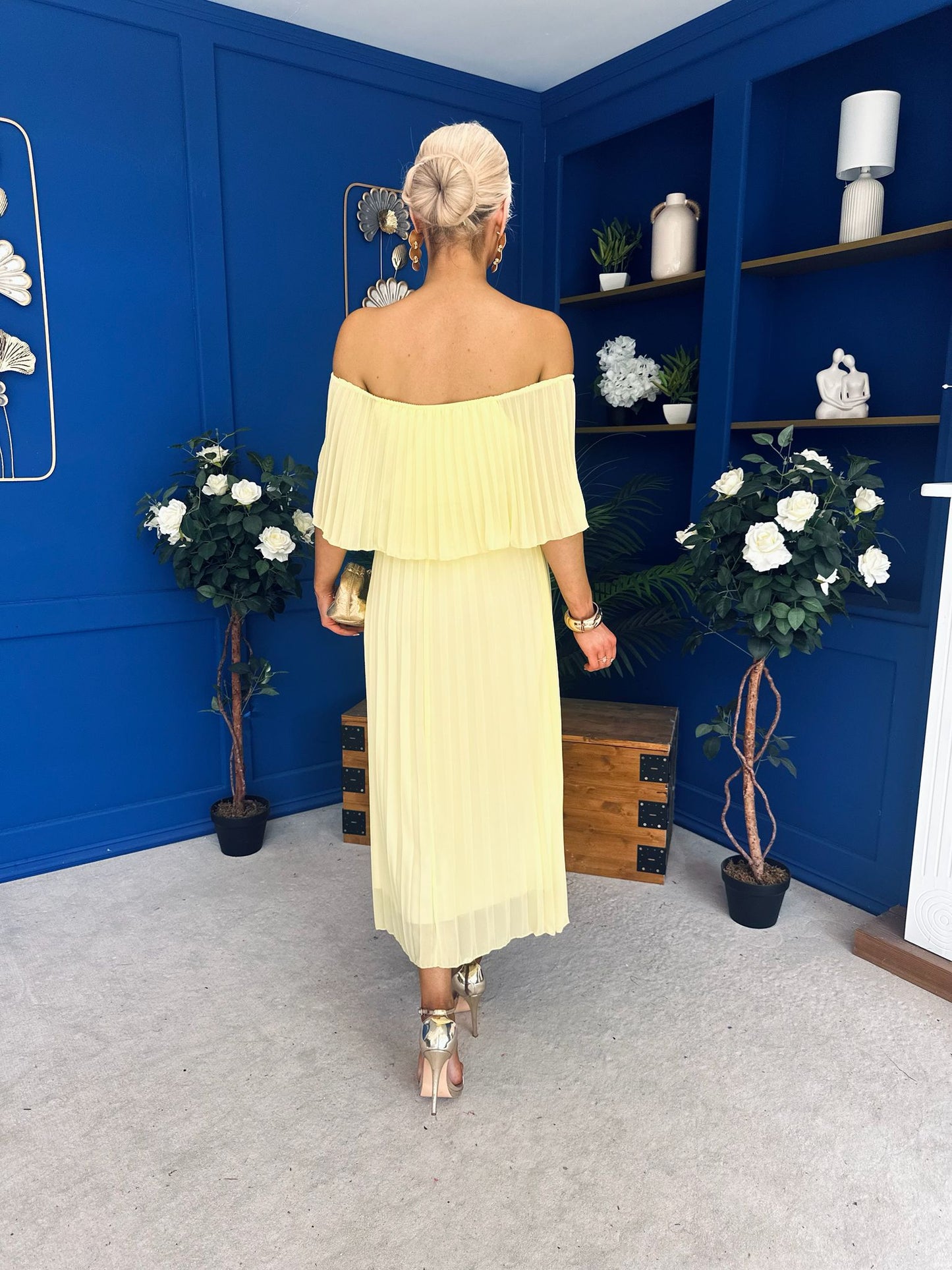 Aileen Pleated Bardot Midi Dress Yellow