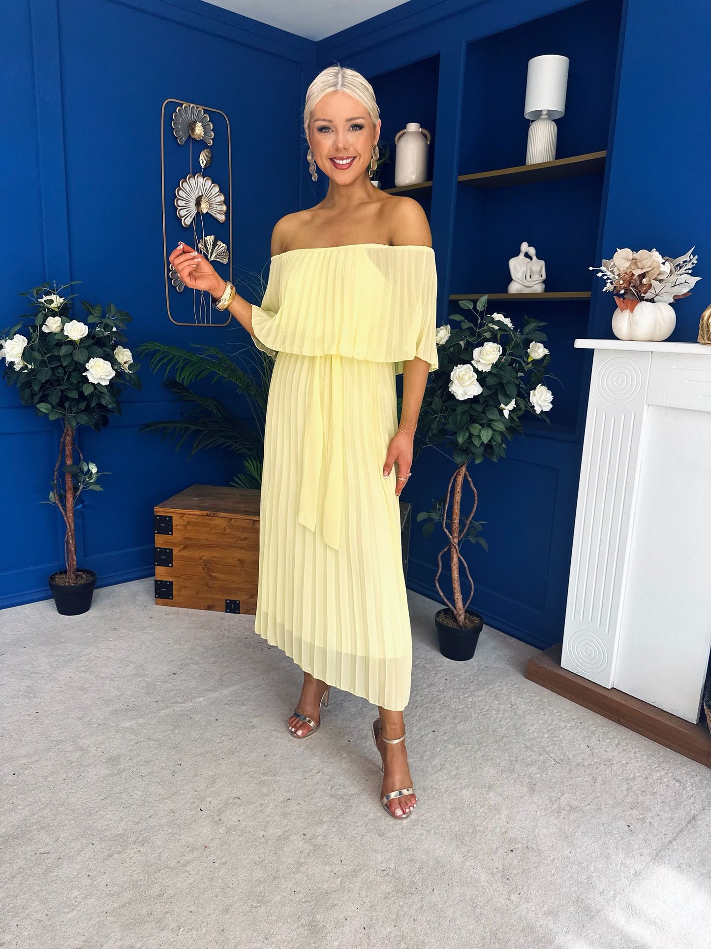 Aileen Pleated Bardot Midi Dress Yellow