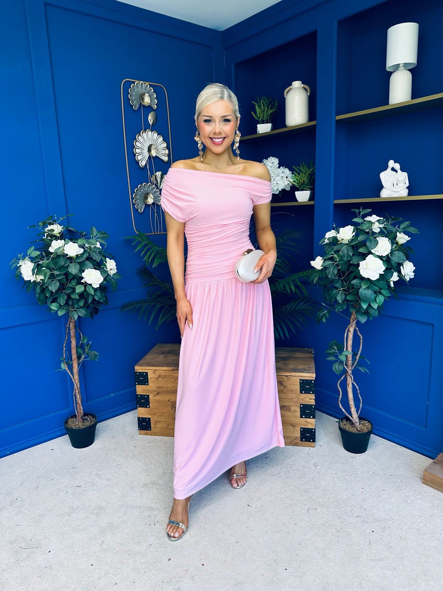 Colette Rushed Off Shoulder Maxi Dress Pink