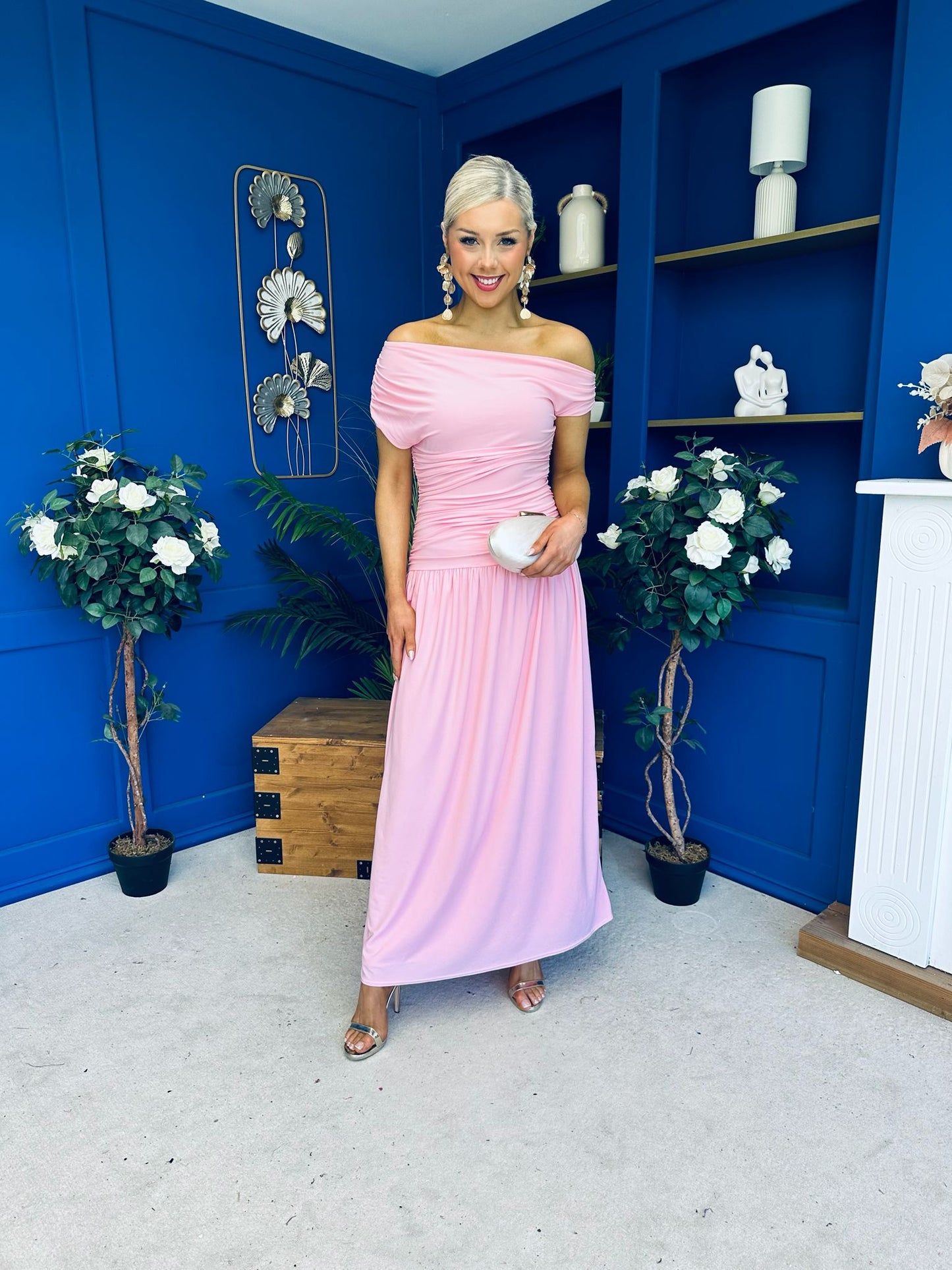 Colette Rushed Off Shoulder Maxi Dress Pink