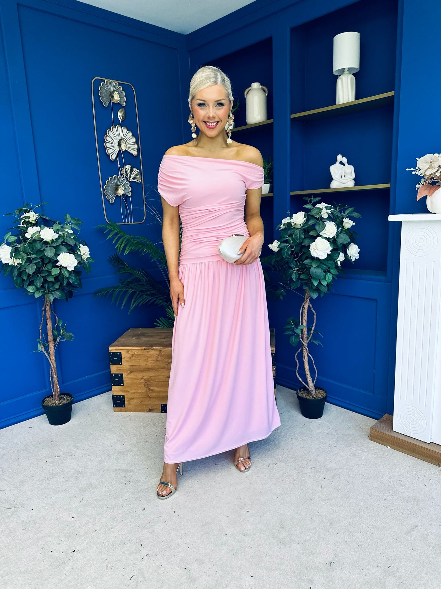 Colette Rushed Off Shoulder Maxi Dress Pink