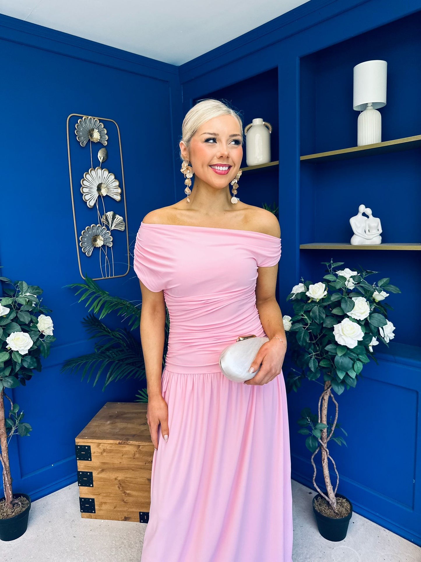Colette Rushed Off Shoulder Maxi Dress Pink