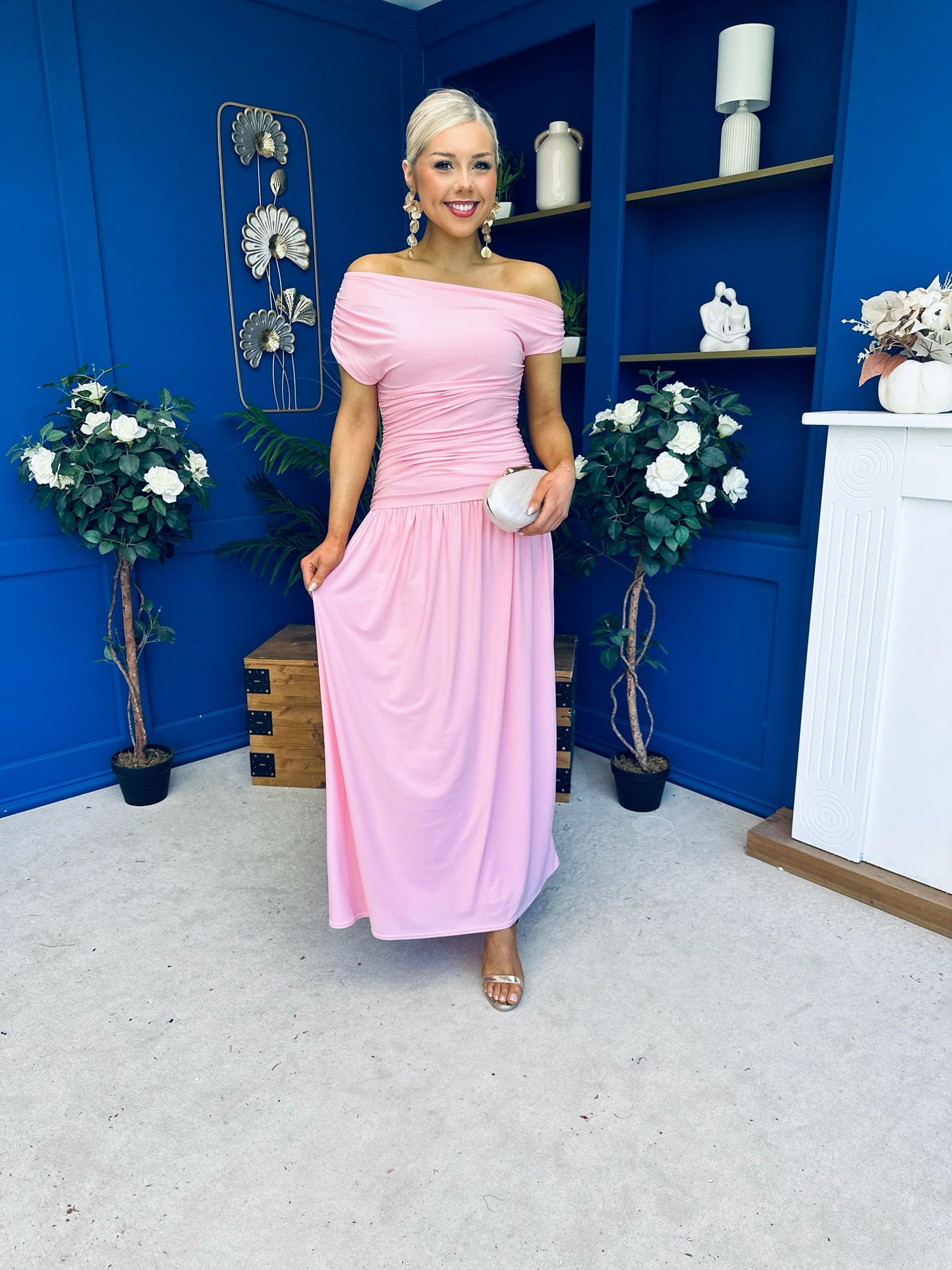 Colette Rushed Off Shoulder Maxi Dress Pink