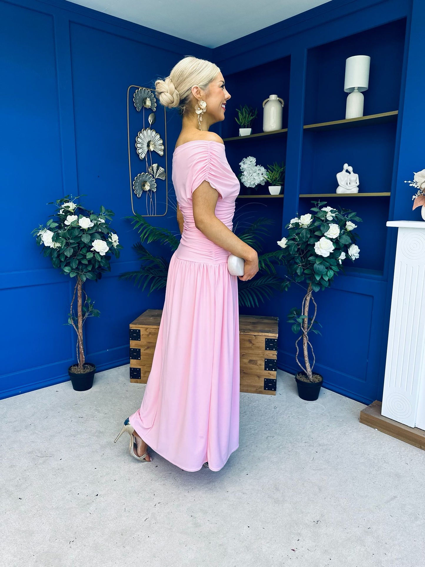 Colette Rushed Off Shoulder Maxi Dress Pink