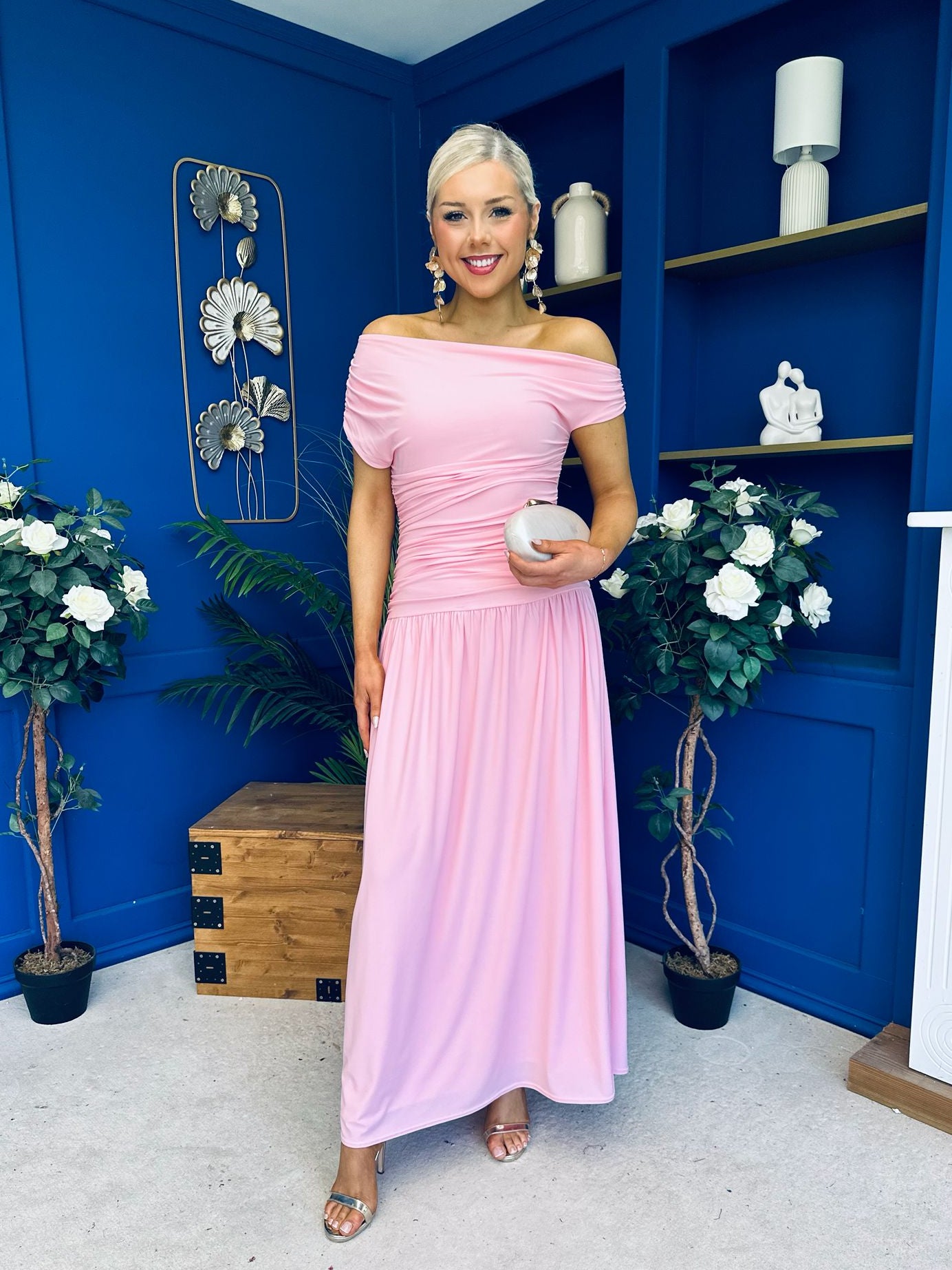 Colette Rushed Off Shoulder Maxi Dress Pink
