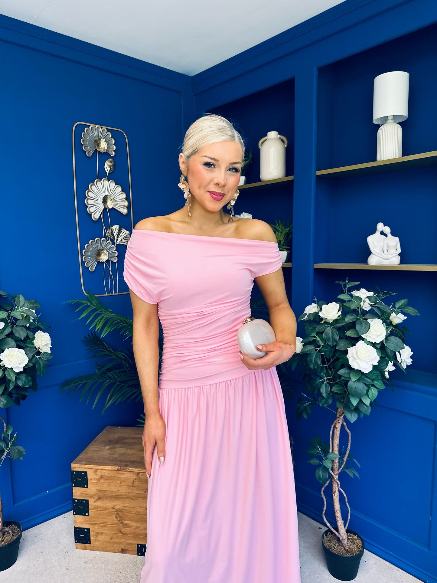 Colette Rushed Off Shoulder Maxi Dress Pink