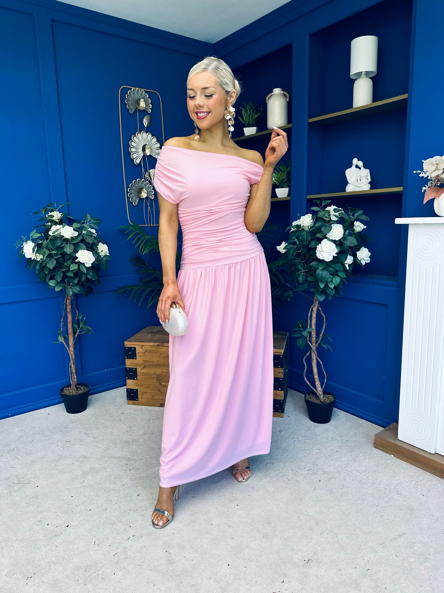 Colette Rushed Off Shoulder Maxi Dress Pink