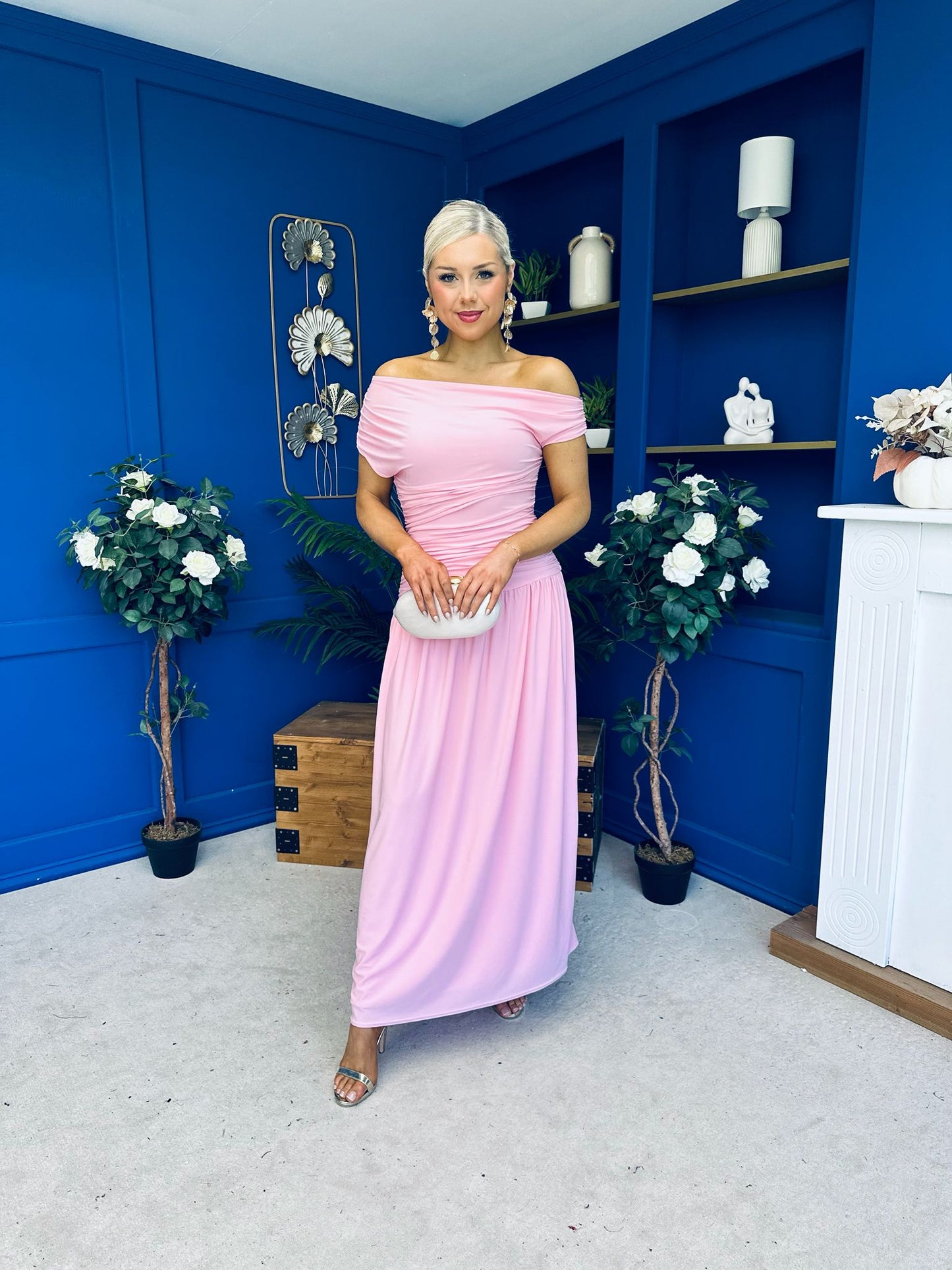 Colette Rushed Off Shoulder Maxi Dress Pink