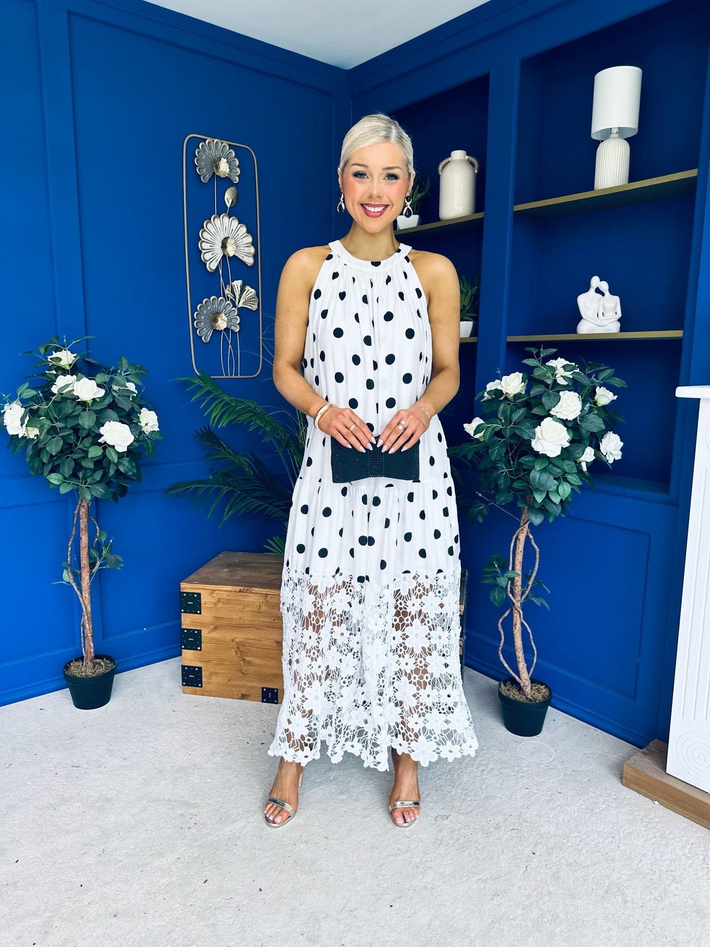Tilly Crochet Detail Midi Dress Polka White