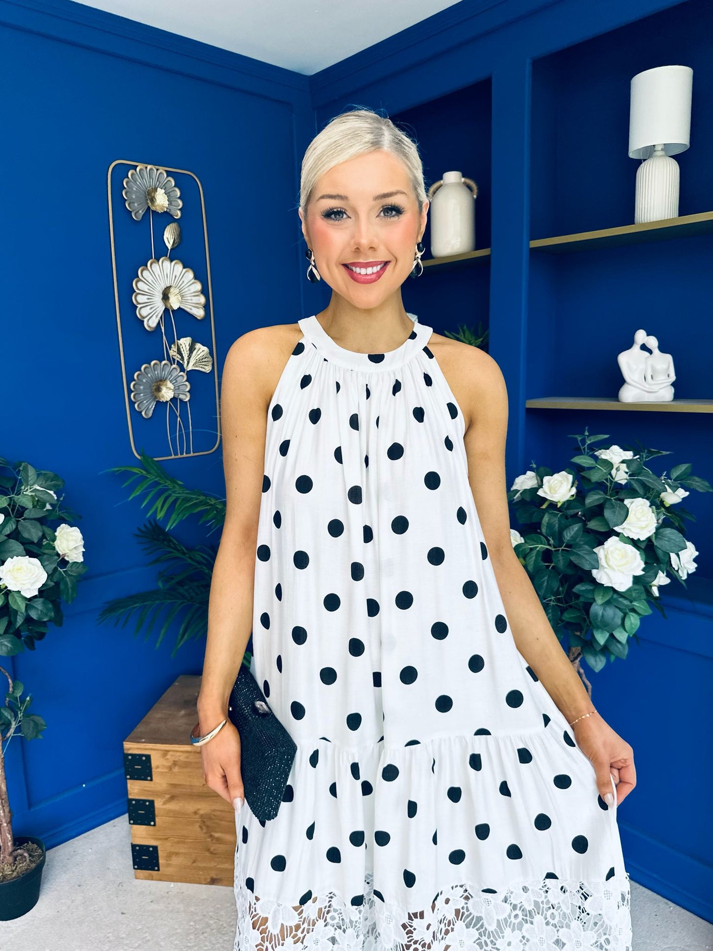 Tilly Crochet Detail Midi Dress Polka White