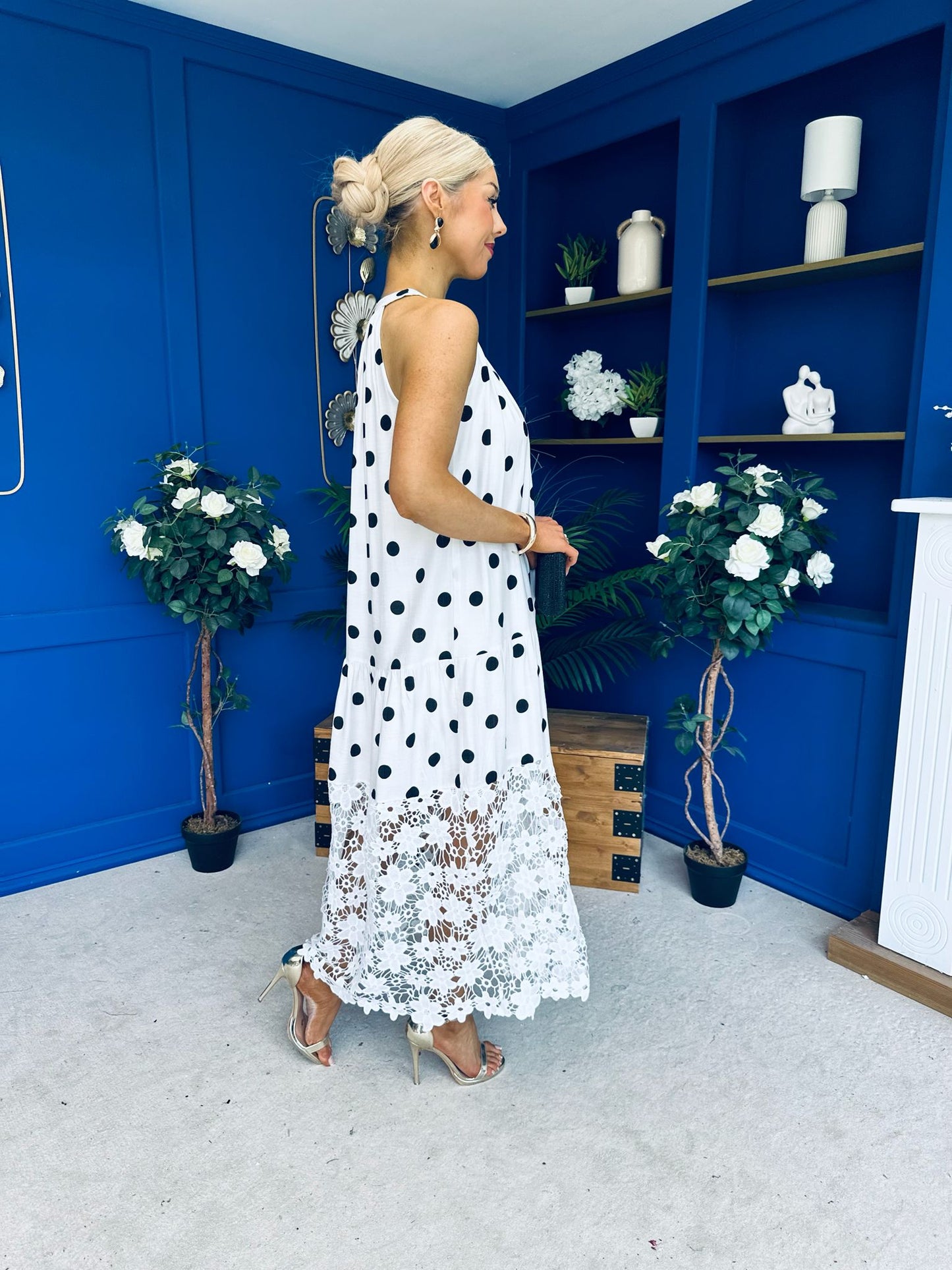 Tilly Crochet Detail Midi Dress Polka White