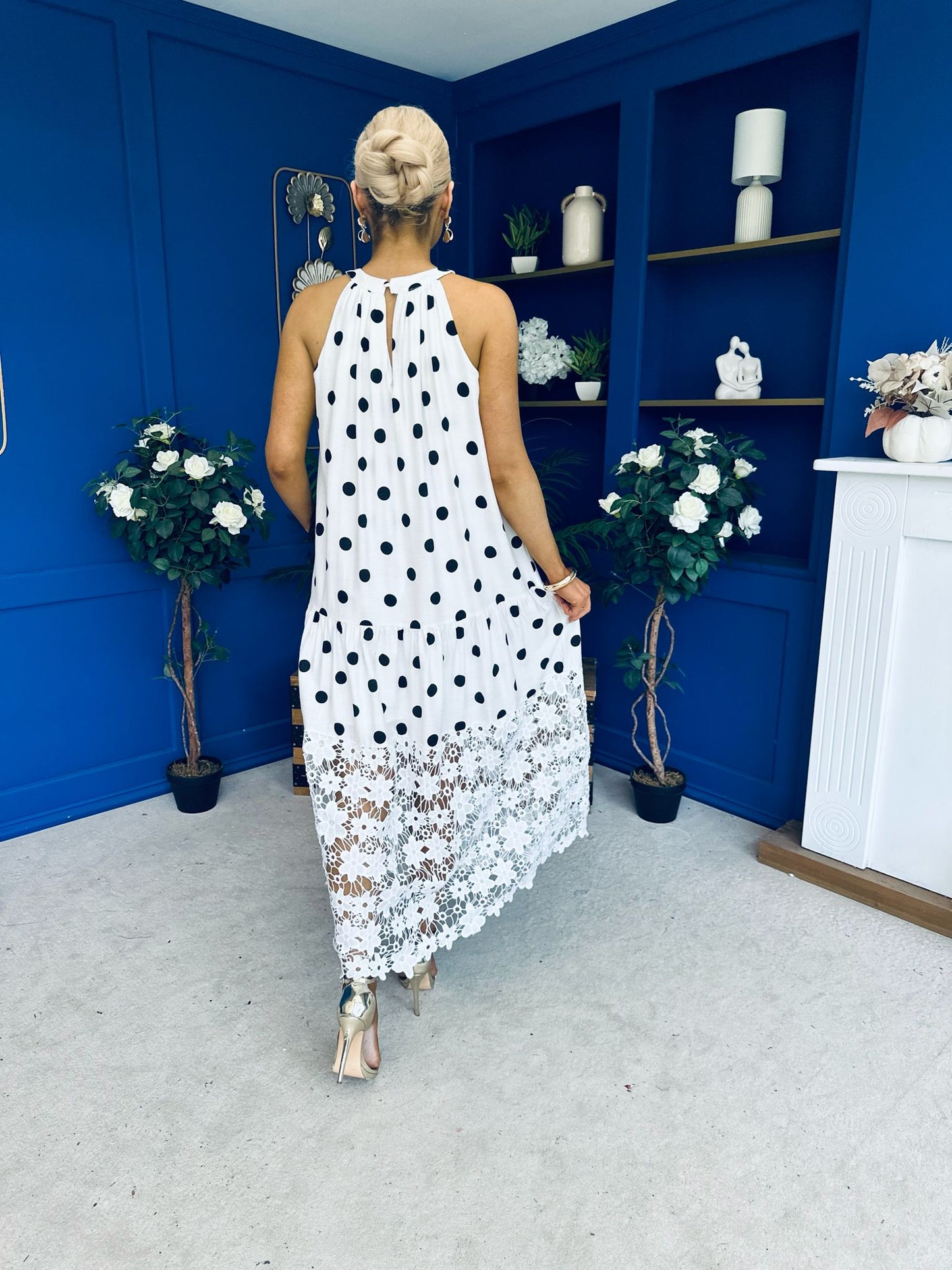 Tilly Crochet Detail Midi Dress Polka White