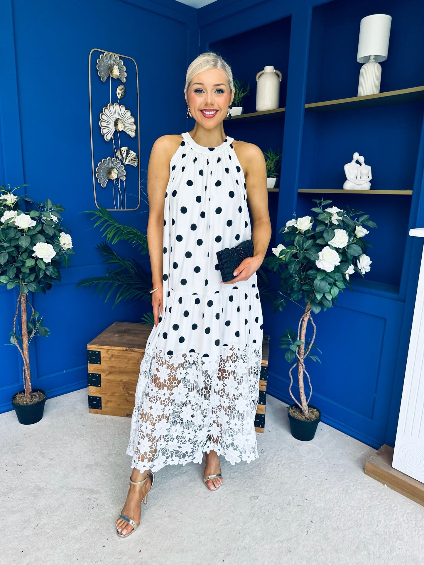 Tilly Crochet Detail Midi Dress Polka White