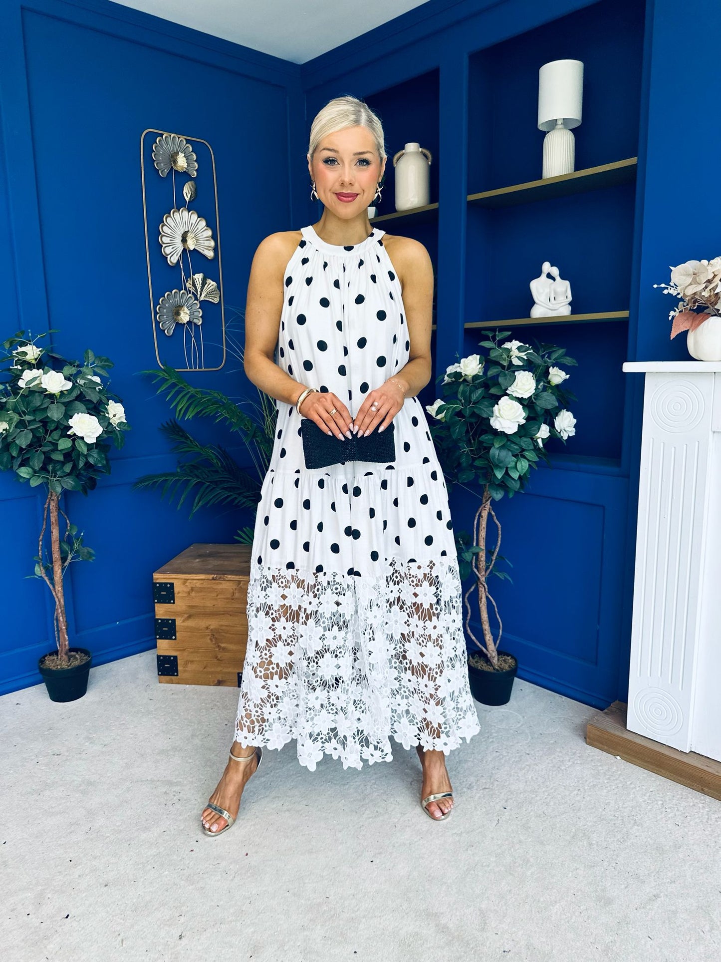 Tilly Crochet Detail Midi Dress Polka White