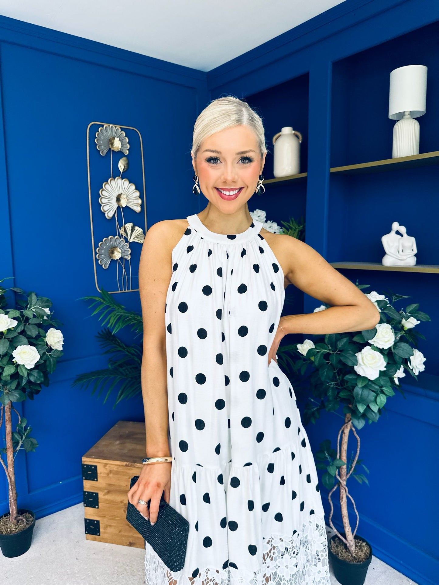 Tilly Crochet Detail Midi Dress Polka White
