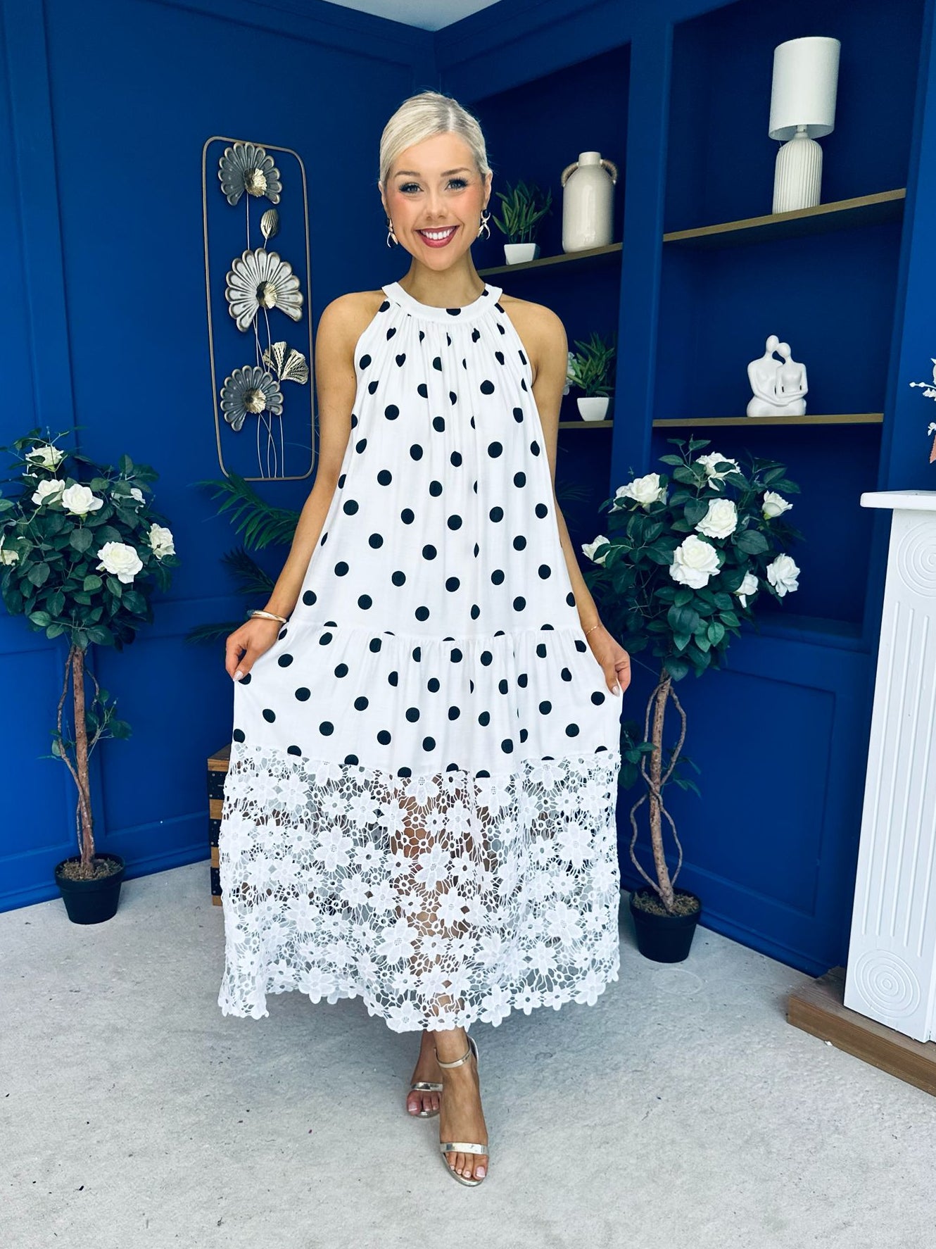 Tilly Crochet Detail Midi Dress Polka White